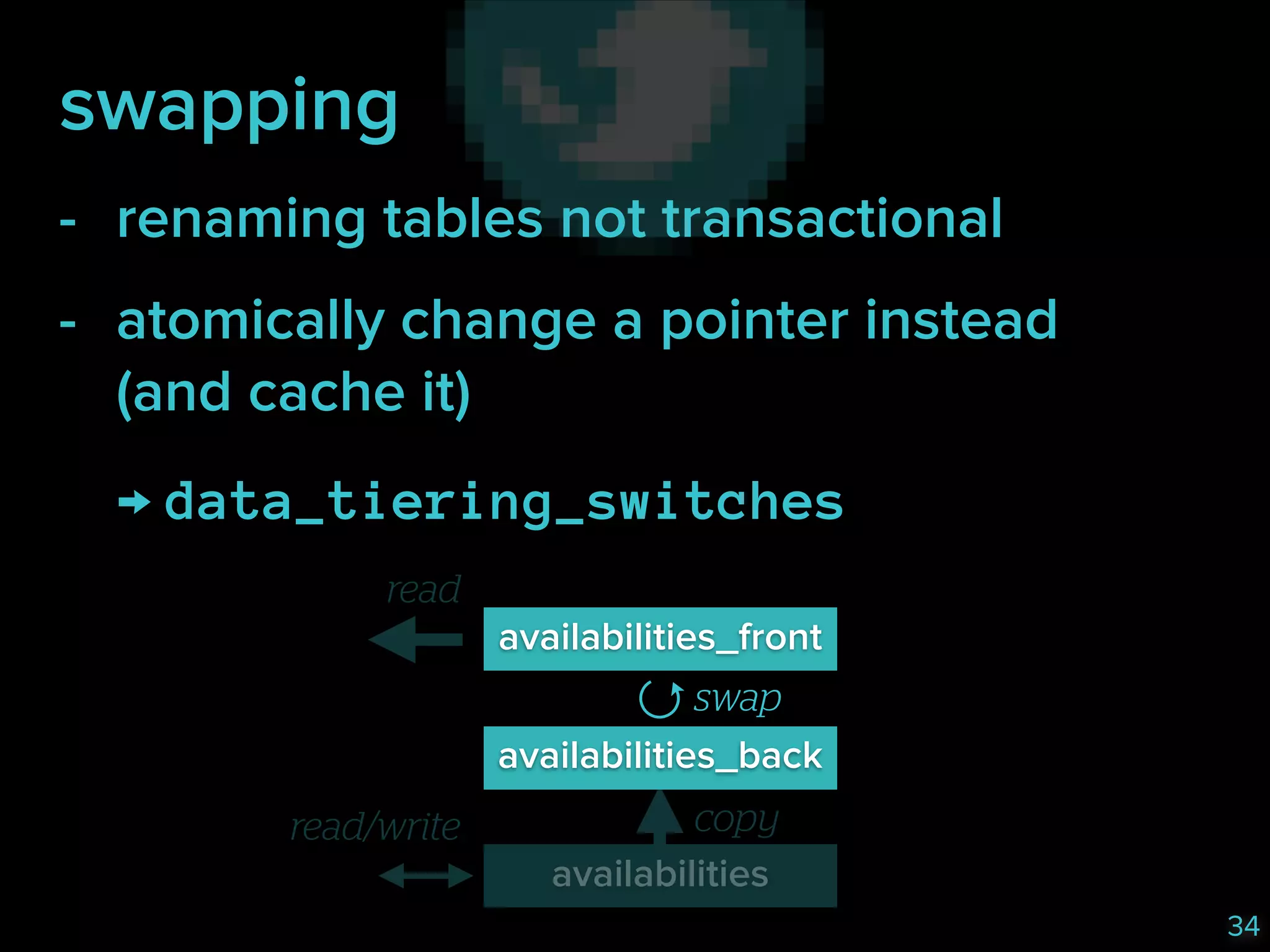 swapping
- renaming tables not transactional
- atomically change a pointer instead 
(and cache it)
→ data_tiering_switches
read
availabilities_front
swap
availabilities_back
read/write

copy
availabilities
34

 