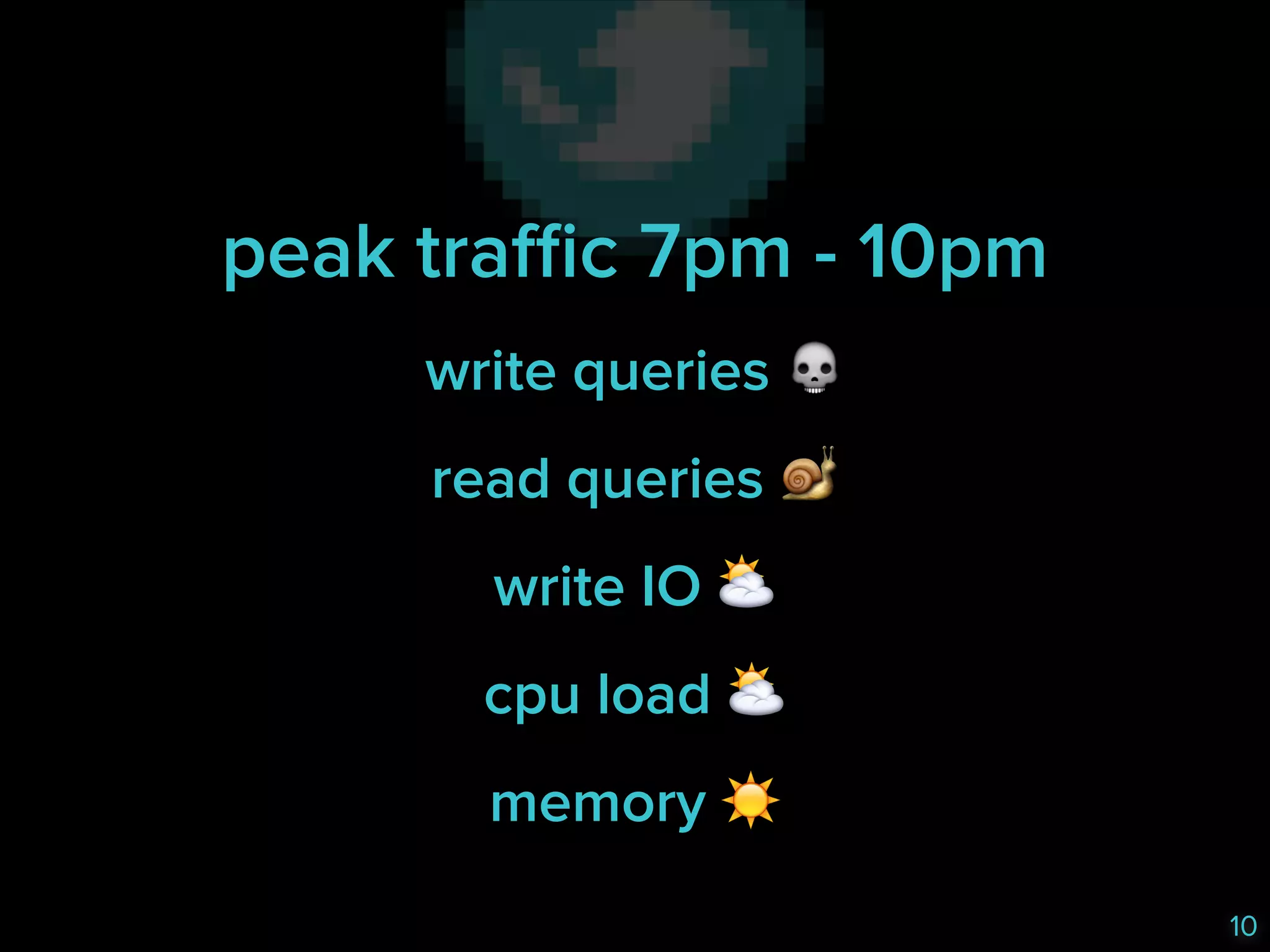 peak traffic 7pm - 10pm
write queries !
read queries "
write IO ⛅️
cpu load ⛅️
memory ☀️
10

 
