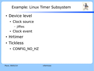 How Is Tick Implemented? (Cont.)
●

Type 2: Counting down timer
●

Example: Cortex-M4 SysTick

Place, 04/02/14

villerhsiao

LOGO

 