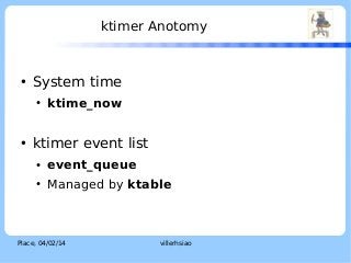 ktimer Anotomy

●

System time
●

●

ktime_now

ktimer event list
●

event_queue

●

Managed by ktable

Place, 04/02/14

villerhsiao

LOGO

 