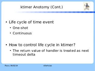 ktimer Anotomy (Cont.)

●

Life cycle of time event
●

One-shot

●

●

LOGO

Continuous

How to control life cycle in ktimer?
●

The return value of handler is treated as next
timeout delta

Place, 04/02/14

villerhsiao

 