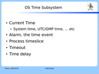 Agenda

●

●

LOGO

Concept about operating system kernel
time subsystem
F9 Microkernel ktimer introduction

Place, 04/02/14

villerhsiao

 