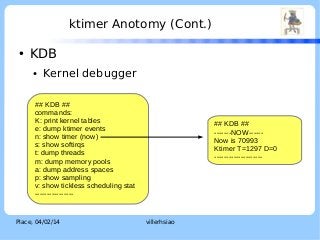 ktimer Anotomy (Cont.)
●

LOGO

KDB
●

Kernel debugger

## KDB ##
commands:
K: print kernel tables
e: dump ktimer events
n: show timer (now)
s: show softirqs
t: dump threads
m: dump memory pools
a: dump address spaces
p: show sampling
v: show tickless scheduling stat
----------------

Place, 04/02/14

## KDB ##
-------NOW-----Now is 70993
Ktimer T=1297 D=0
--------------------

villerhsiao

 