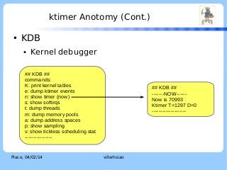ktimer Anotomy (Cont.)
●

LOGO

KDB
●

Kernel debugger

## KDB ##
commands:
K: print kernel tables
e: dump ktimer events
n...