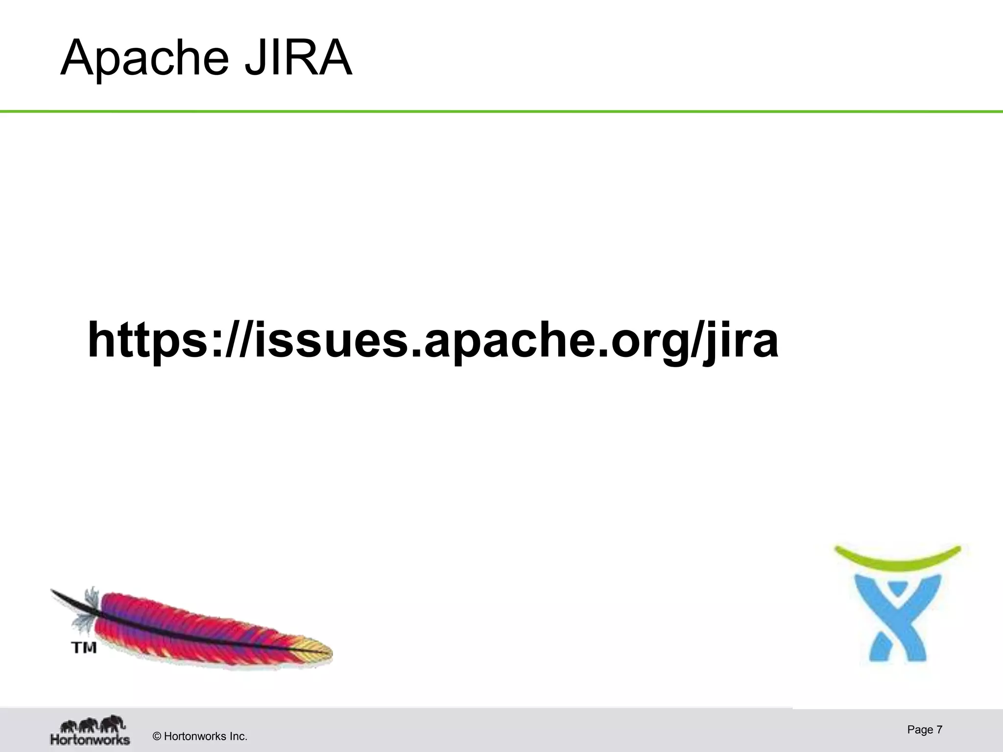 Apache JIRA

https://issues.apache.org/jira

© Hortonworks Inc.

Page 7

 