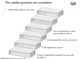 The validity questions are cumulative
§  Validity types build on one other

Can we generalize to other
persons, places, times ?
Can we generalize to the constructs?

Is the dependency causal ?

Adapted from William M.K. Trochim, 2008

Is there a dependency between the cause and
the effect ?

 