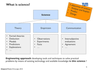 What is science?
Science
	


Theory
	

• 
• 
• 
• 
• 
• 

Formal theories	

Deduction	

Models	

Predictions	

Explanations	

…	


Empiricism
	


• 
• 
• 
• 

Observations	

Experiments	

Facts	

…	


3 obje
c
•  An tives of sc
ien
al
•  Pre yse and Ex ce:
plain
d
•  De ict
sign

Communication
	


•  Intersubjective
evaluations	

•  Agreement	

•  …	


Engineering approach: developing tools and techniques to solve practical
problems by means of existing technology and available knowledge: is this science ?	


9
Adapted From: Orkunoglu, 2010

 