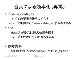 番兵による効率化（再掲）
• if (value < data[0])
– すべての要素を後ろにずらす
– ループ条件から “value < data[j – 1]” がなくなる

• else
– data[0] が番兵に挿入位置を探す
– ループ条件から “j > 0” がなくなる

• 参考資料
– STL の実装（/usr/include/c++/bits/stl_algo.h）
2014年1月18日

挿入ソート

13

 