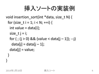挿入ソートの実装例
void insertion_sort(int *data, size_t N) {
for (size_t i = 1; i < N; ++i) {
int value = data[i];
size_t j = i;
for ( ; (j > 0) && (value < data[j – 1]); --j)
data[j] = data[j – 1];
data[j] = value;
}
}
2014年1月18日

挿入ソート

4

 