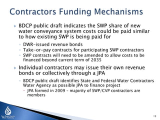  BDCP public draft indicates the SWP share of new
water conveyance system costs could be paid similar
to how existing SWP is being paid for
◦ DWR-issued revenue bonds
◦ Take-or-pay contracts for participating SWP contractors
◦ SWP contracts will need to be amended to allow costs to be
financed beyond current term of 2035
 Individual contractors may issue their own revenue
bonds or collectively through a JPA
◦ BDCP public draft identifies State and Federal Water Contractors
Water Agency as possible JPA to finance project
 JPA formed in 2009 – majority of SWP/CVP contractors are
members
19
 