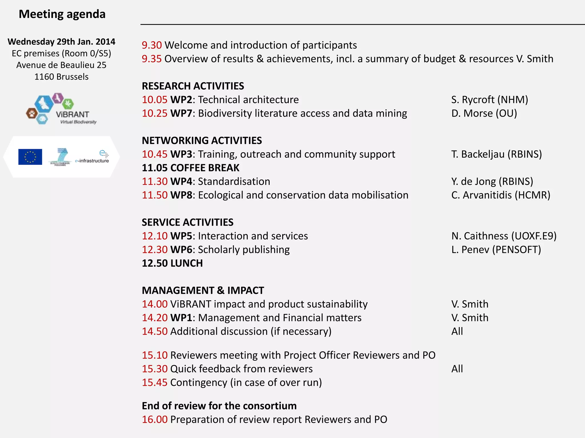Meeting agenda
Wednesday 29th Jan. 2014
EC premises (Room 0/S5)
Avenue de Beaulieu 25
1160 Brussels

9.30 Welcome and introduction of participants
9.35 Overview of results & achievements, incl. a summary of budget & resources V. Smith
RESEARCH ACTIVITIES
10.05 WP2: Technical architecture
10.25 WP7: Biodiversity literature access and data mining
NETWORKING ACTIVITIES
10.45 WP3: Training, outreach and community support
11.05 COFFEE BREAK
11.30 WP4: Standardisation
11.50 WP8: Ecological and conservation data mobilisation
SERVICE ACTIVITIES
12.10 WP5: Interaction and services
12.30 WP6: Scholarly publishing
12.50 LUNCH
MANAGEMENT & IMPACT
14.00 ViBRANT impact and product sustainability
14.20 WP1: Management and Financial matters
14.50 Additional discussion (if necessary)
15.10 Reviewers meeting with Project Officer Reviewers and PO
15.30 Quick feedback from reviewers
15.45 Contingency (in case of over run)
End of review for the consortium
16.00 Preparation of review report Reviewers and PO

S. Rycroft (NHM)
D. Morse (OU)

T. Backeljau (RBINS)
Y. de Jong (RBINS)
C. Arvanitidis (HCMR)

N. Caithness (UOXF.E9)
L. Penev (PENSOFT)

V. Smith
V. Smith
All
All

 
