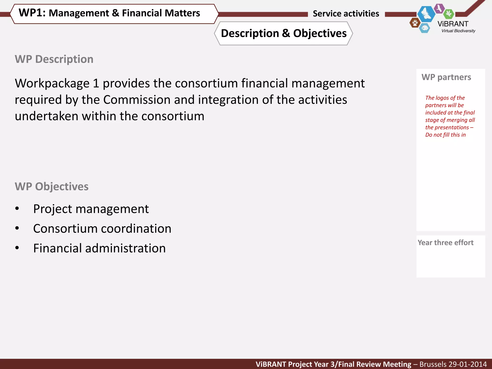 WP1: Management & Financial Matters

Service activities

Description & Objectives
WP Description

Workpackage 1 provides the consortium financial management
required by the Commission and integration of the activities
undertaken within the consortium

WP partners
The logos of the
partners will be
included at the final
stage of merging all
the presentations –
Do not fill this in

WP Objectives

• Project management
• Consortium coordination
• Financial administration

Year three effort

ViBRANT Project Year 3/Final Review Meeting – Brussels 29-01-2014

 