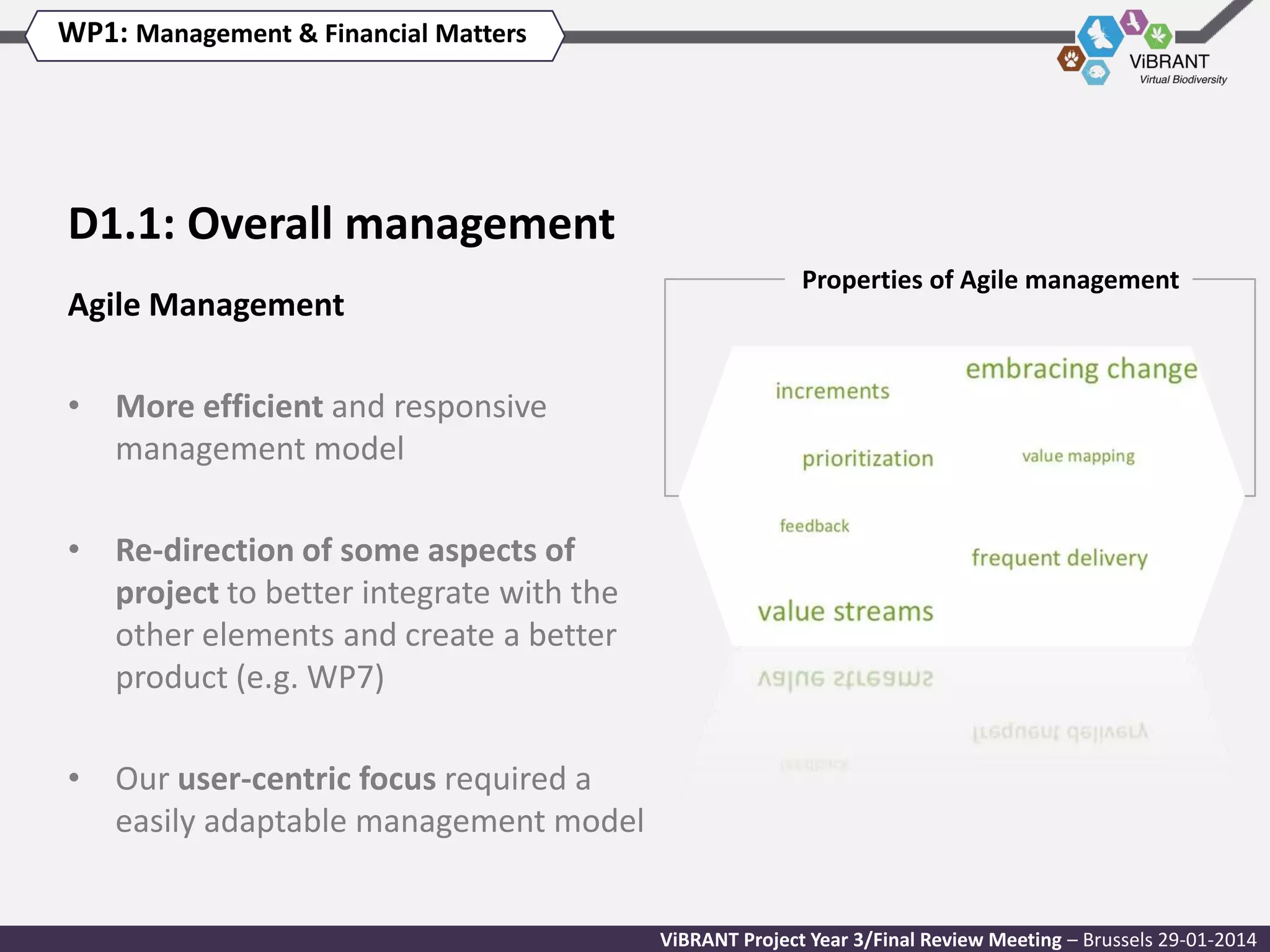 WP1: Management & Financial Matters

D1.1: Overall management
Agile Management

Properties of Agile management

• More efficient and responsive
management model
• Re-direction of some aspects of
project to better integrate with the
other elements and create a better
product (e.g. WP7)
• Our user-centric focus required a
easily adaptable management model

ViBRANT Project Year 3/Final Review Meeting – Brussels 29-01-2014

 