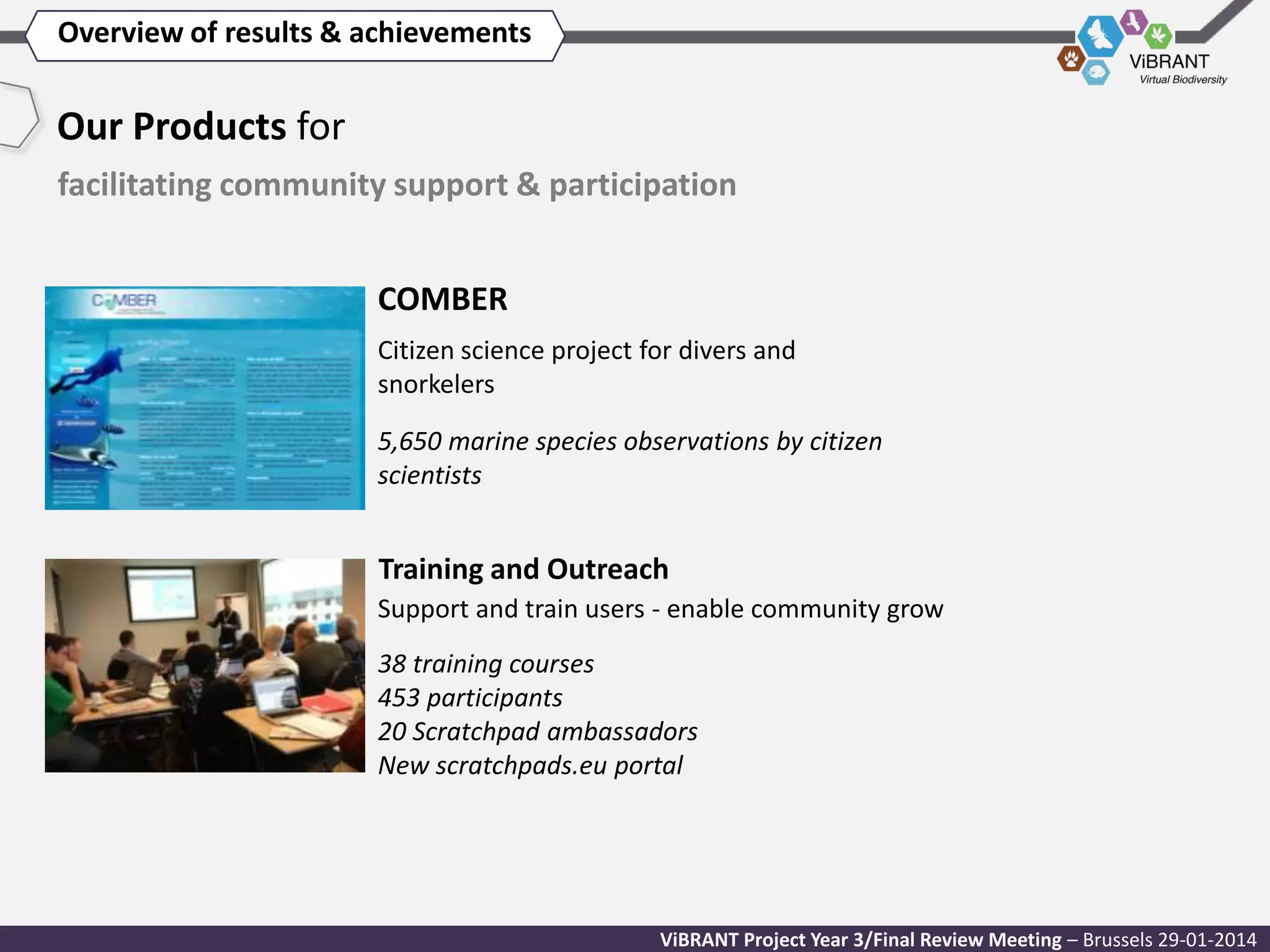 Overview of results & achievements

Our Products for
facilitating community support & participation
COMBER
Citizen science project for divers and
snorkelers
5,650 marine species observations by citizen
scientists

Training and Outreach
Support and train users - enable community grow
38 training courses
453 participants
20 Scratchpad ambassadors
New scratchpads.eu portal

ViBRANT Project Year 3/Final Review Meeting – Brussels 29-01-2014

 