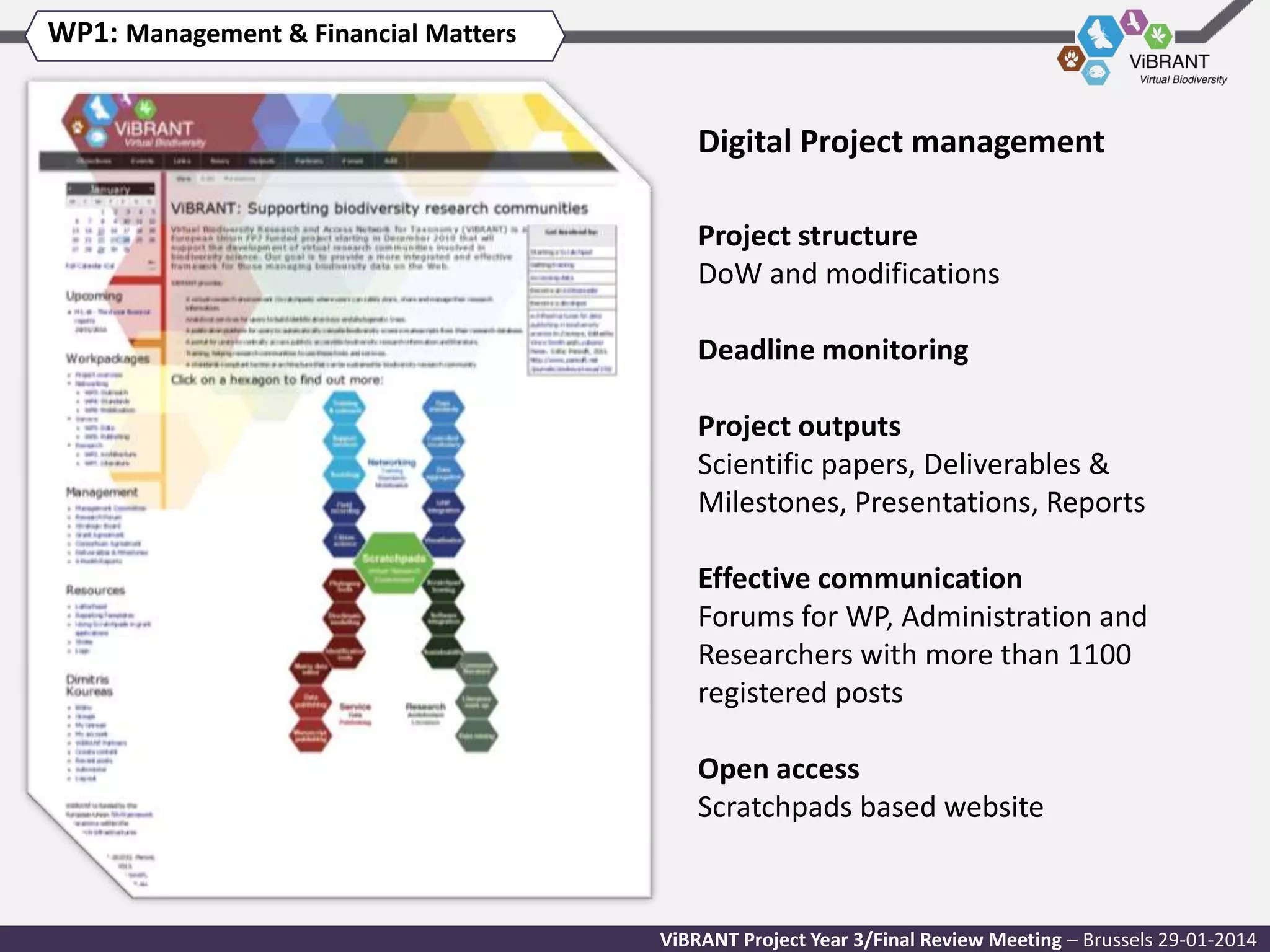 WP1: Management & Financial Matters

Digital Project management
Project structure
DoW and modifications
Deadline monitoring

Project outputs
Scientific papers, Deliverables &
Milestones, Presentations, Reports
Effective communication
Forums for WP, Administration and
Researchers with more than 1100
registered posts
Open access
Scratchpads based website

ViBRANT Project Year 3/Final Review Meeting – Brussels 29-01-2014

 