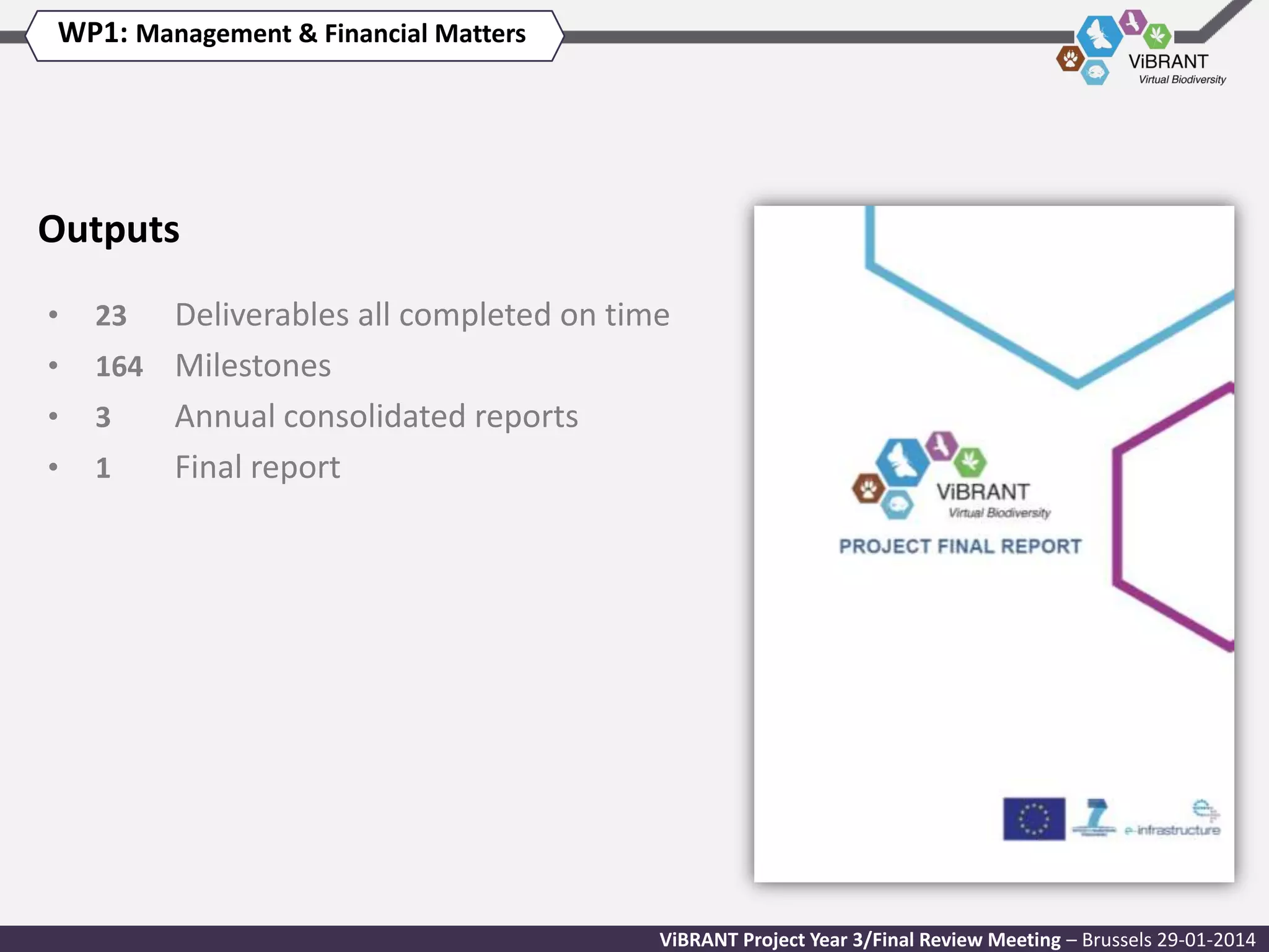 WP1: Management & Financial Matters

Outputs
•
•
•

•

Deliverables all completed on time
164 Milestones
3
Annual consolidated reports
1
Final report
23

ViBRANT Project Year 3/Final Review Meeting – Brussels 29-01-2014

 