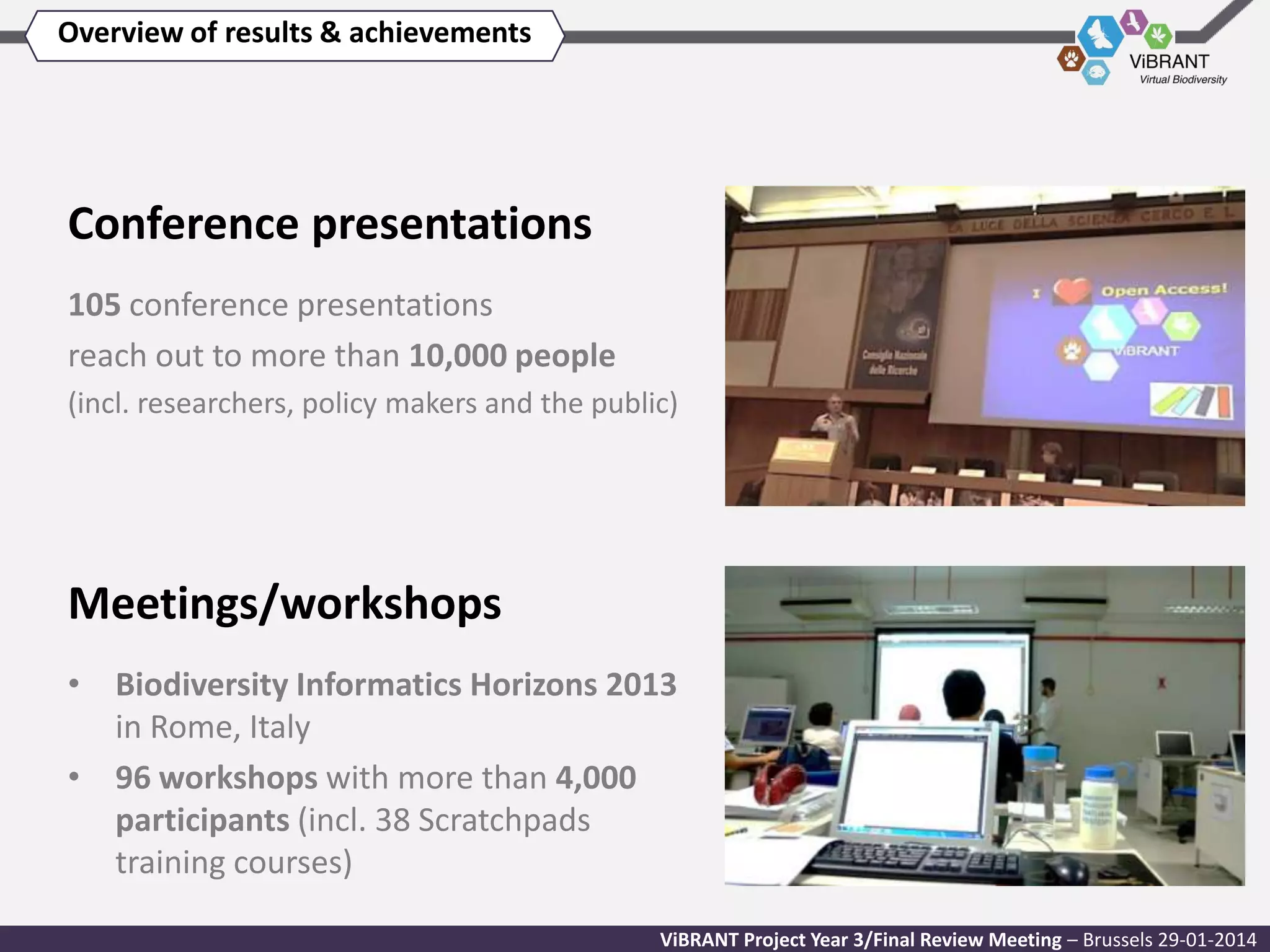 Overview of results & achievements

Conference presentations
105 conference presentations
reach out to more than 10,000 people
(incl. researchers, policy makers and the public)

Meetings/workshops
• Biodiversity Informatics Horizons 2013
in Rome, Italy
• 96 workshops with more than 4,000
participants (incl. 38 Scratchpads
training courses)
ViBRANT Project Year 3/Final Review Meeting – Brussels 29-01-2014

 