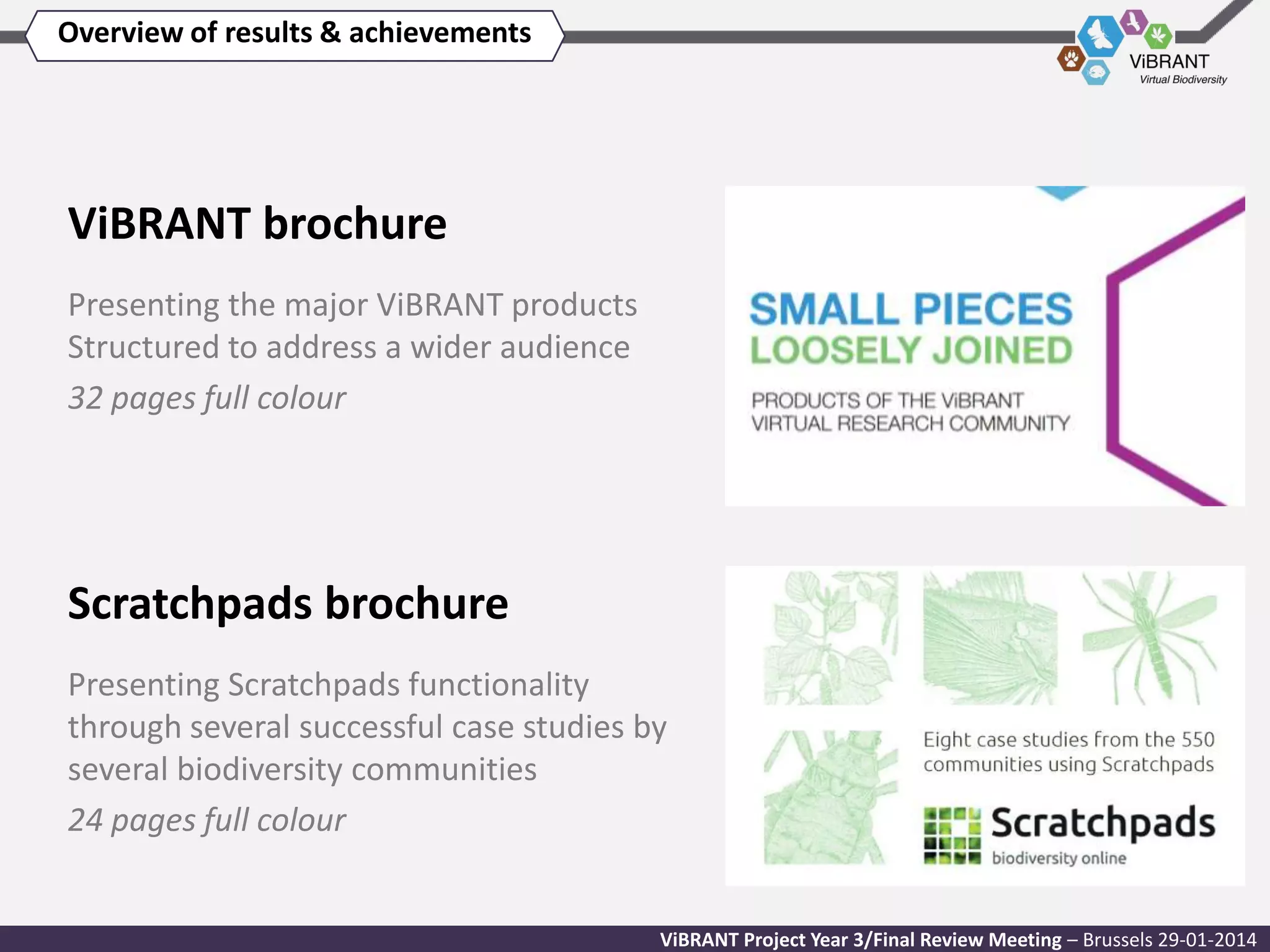 Overview of results & achievements

ViBRANT brochure
Presenting the major ViBRANT products
Structured to address a wider audience
32 pages full colour

Scratchpads brochure
Presenting Scratchpads functionality
through several successful case studies by
several biodiversity communities
24 pages full colour

ViBRANT Project Year 3/Final Review Meeting – Brussels 29-01-2014

 
