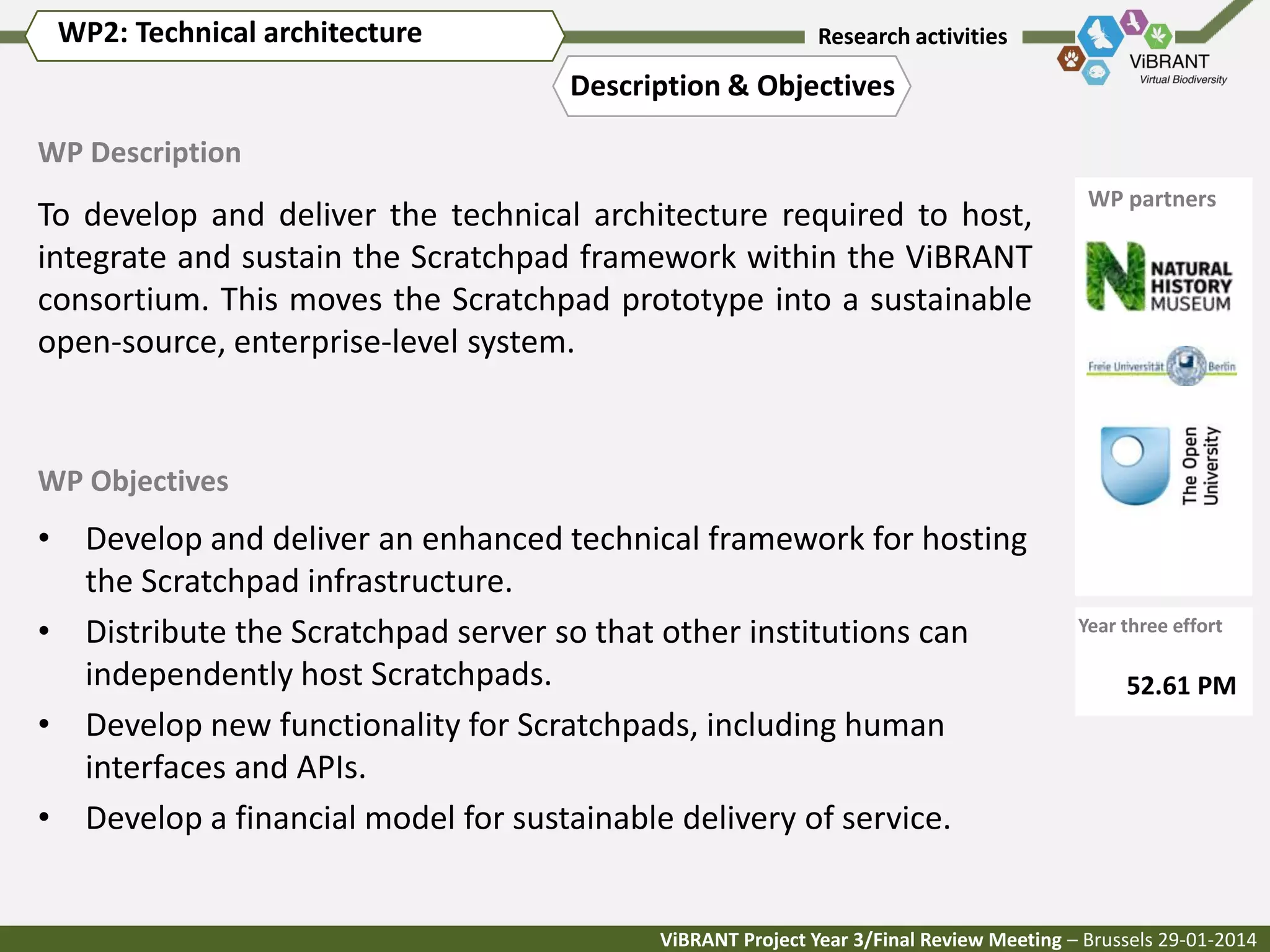 WP2: Technical architecture

Research activities

Description & Objectives
WP Description

To develop and deliver the technical architecture required to host,
integrate and sustain the Scratchpad framework within the ViBRANT
consortium. This moves the Scratchpad prototype into a sustainable
open-source, enterprise-level system.

WP partners

WP Objectives

• Develop and deliver an enhanced technical framework for hosting
the Scratchpad infrastructure.
• Distribute the Scratchpad server so that other institutions can
independently host Scratchpads.
• Develop new functionality for Scratchpads, including human
interfaces and APIs.
• Develop a financial model for sustainable delivery of service.

Year three effort

52.61 PM

ViBRANT Project Year 3/Final Review Meeting – Brussels 29-01-2014

 