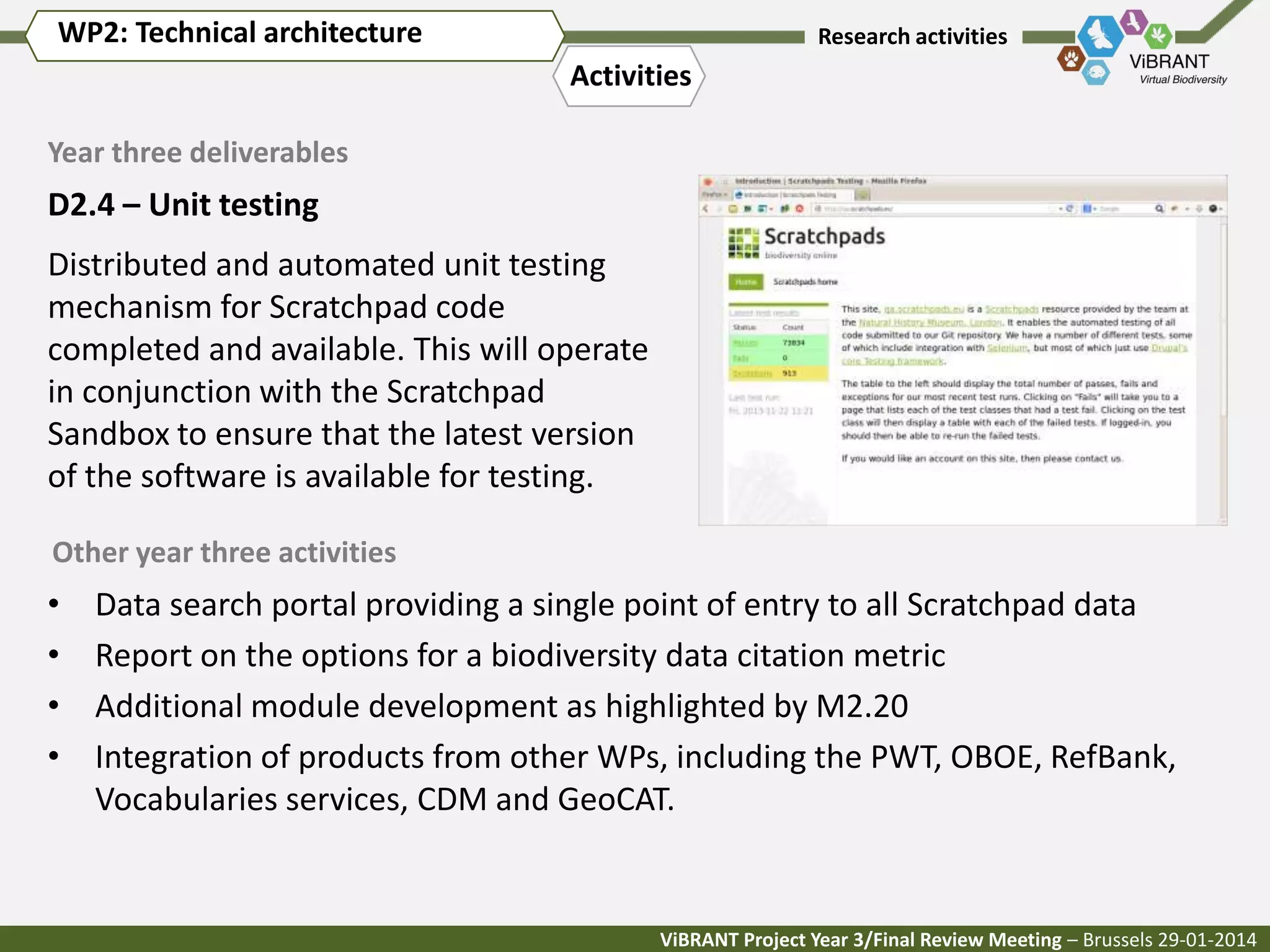 WP2: Technical architecture

Research activities

Activities
Year three deliverables

D2.4 – Unit testing
Distributed and automated unit testing
mechanism for Scratchpad code
completed and available. This will operate
in conjunction with the Scratchpad
Sandbox to ensure that the latest version
of the software is available for testing.
Other year three activities

•
•
•
•

Data search portal providing a single point of entry to all Scratchpad data
Report on the options for a biodiversity data citation metric
Additional module development as highlighted by M2.20
Integration of products from other WPs, including the PWT, OBOE, RefBank,
Vocabularies services, CDM and GeoCAT.

ViBRANT Project Year 3/Final Review Meeting – Brussels 29-01-2014

 