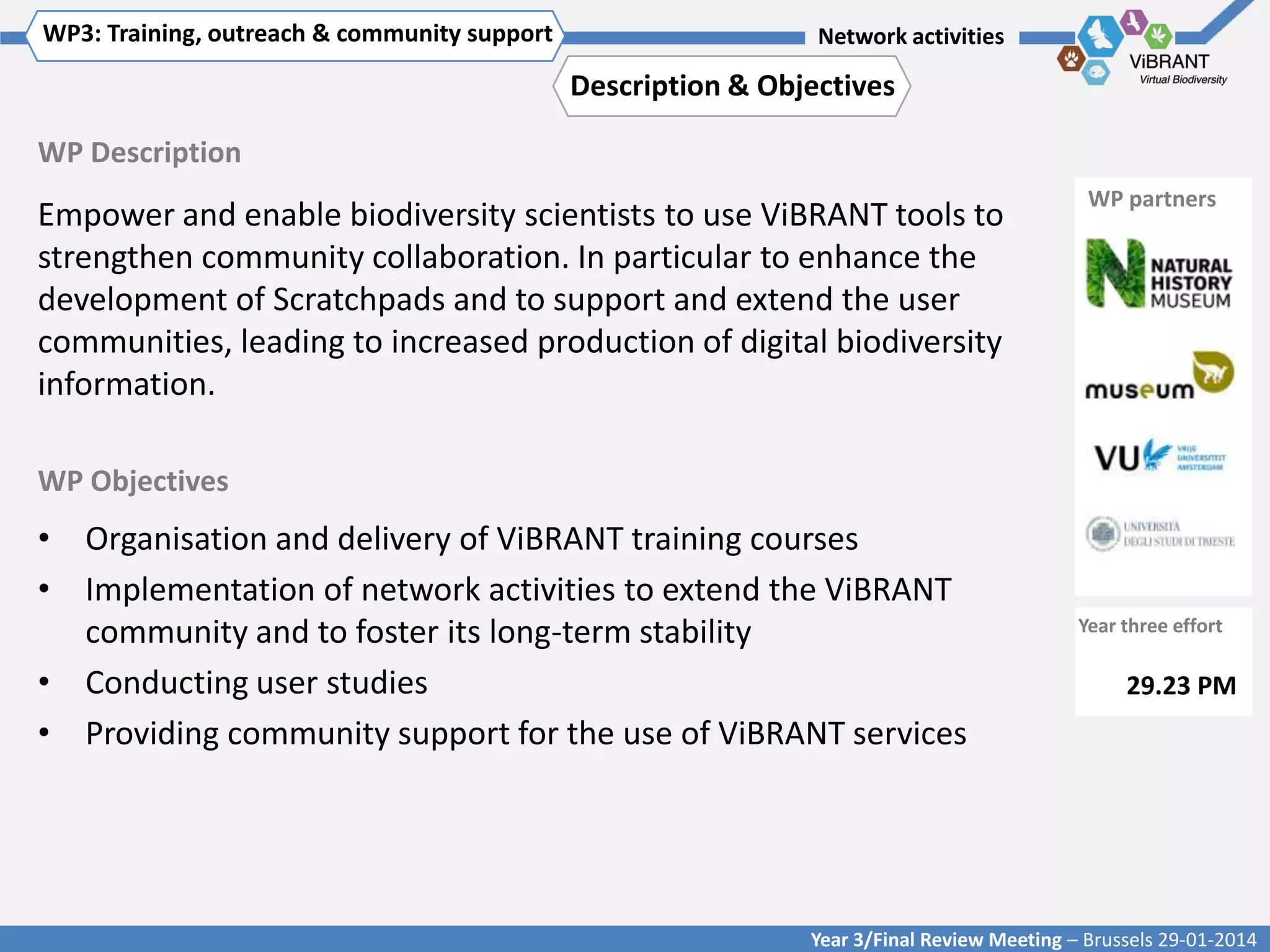 WP3: Training, outreach & community support
Click to enter WP[x]: Title of WP

Network activities

Description & Objectives
WP Description

Empower and enable biodiversity scientists to use ViBRANT tools to
strengthen community collaboration. In particular to enhance the
development of Scratchpads and to support and extend the user
communities, leading to increased production of digital biodiversity
information.

WP partners

WP Objectives

• Organisation and delivery of ViBRANT training courses
• Implementation of network activities to extend the ViBRANT
community and to foster its long-term stability
• Conducting user studies
• Providing community support for the use of ViBRANT services

Year three effort

29.23 PM

Year 3/Final Review Meeting – Brussels 29-01-2014

 