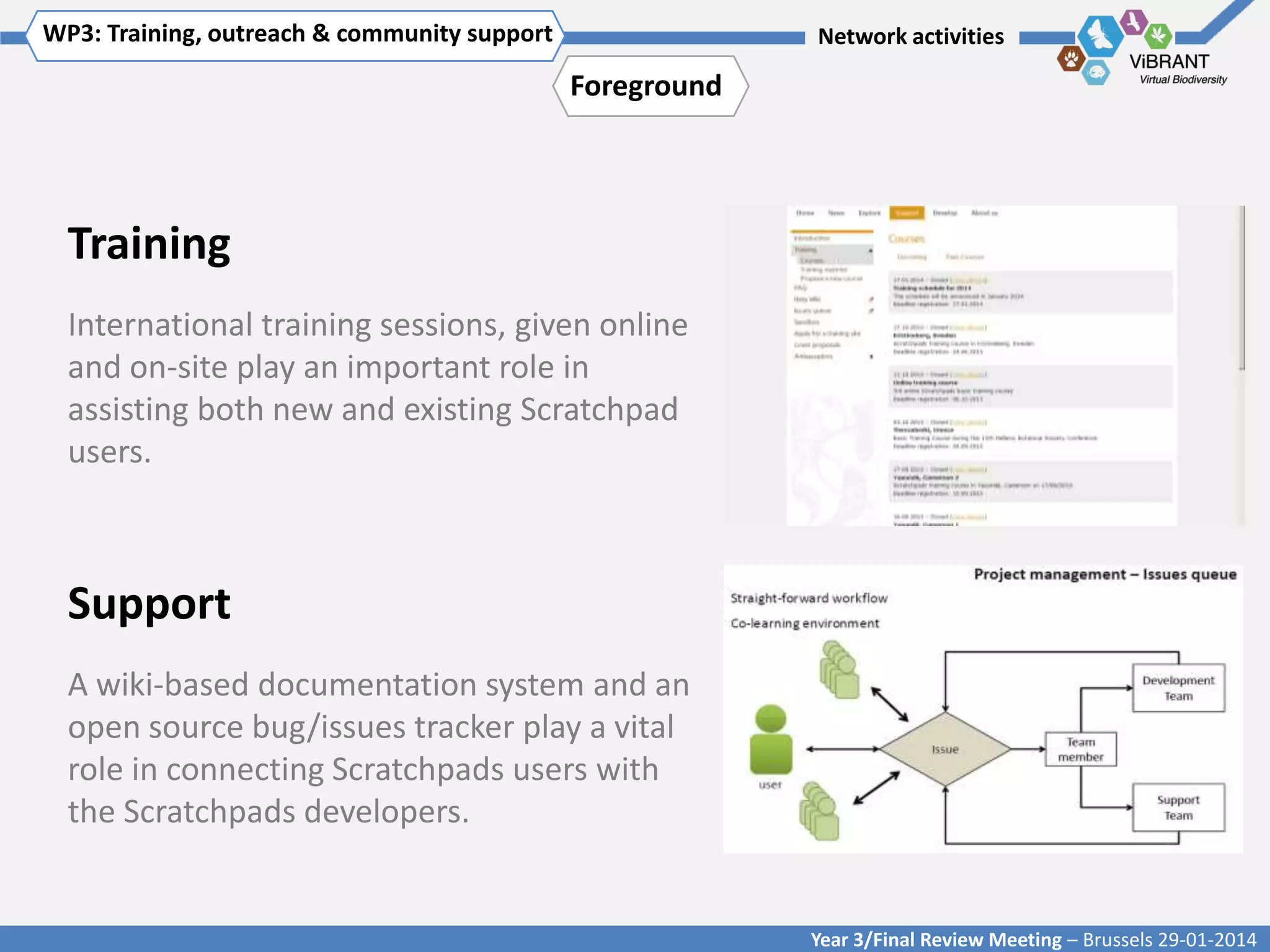 WP3: Training, outreach & community support
Click to enter WP[x]: Title of WP

Network activities

Foreground

Training
International training sessions, given online
and on-site play an important role in
assisting both new and existing Scratchpad
users.

Support
A wiki-based documentation system and an
open source bug/issues tracker play a vital
role in connecting Scratchpads users with
the Scratchpads developers.

Year 3/Final Review Meeting – Brussels 29-01-2014

 
