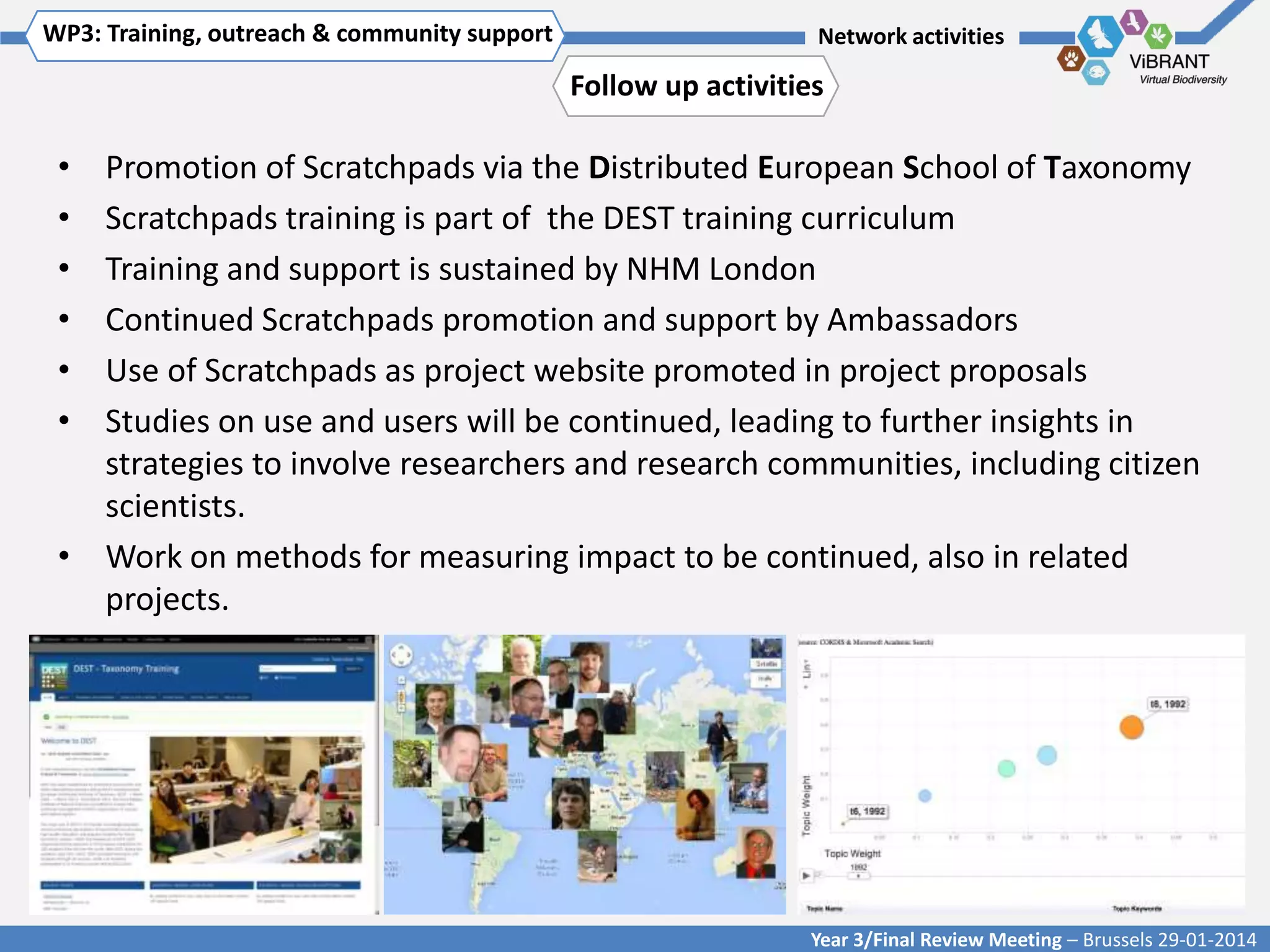 WP3: Training, outreach & community support
Click to enter WP[x]: Title of WP

Network activities

Follow up activities

•
•
•
•
•
•

Promotion of Scratchpads via the Distributed European School of Taxonomy
Scratchpads training is part of the DEST training curriculum
Training and support is sustained by NHM London
Continued Scratchpads promotion and support by Ambassadors
Use of Scratchpads as project website promoted in project proposals
Studies on use and users will be continued, leading to further insights in
strategies to involve researchers and research communities, including citizen
scientists.
• Work on methods for measuring impact to be continued, also in related
projects.

Year 3/Final Review Meeting – Brussels 29-01-2014

 