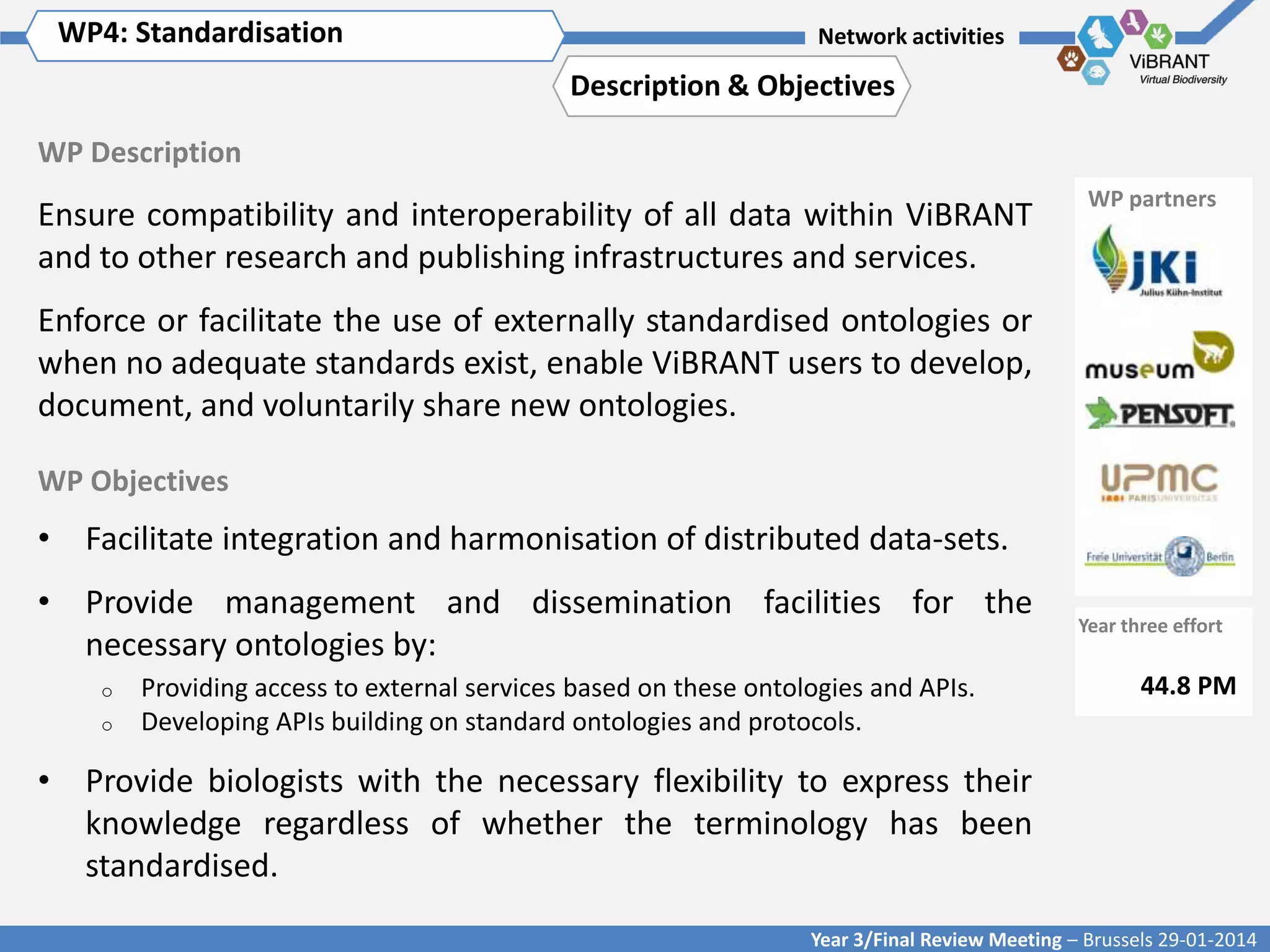 WP4: Standardisation Title of WP
Click to enter WP[x]:

Network activities

Description & Objectives
WP Description

Ensure compatibility and interoperability of all data within ViBRANT
and to other research and publishing infrastructures and services.

WP partners

Enforce or facilitate the use of externally standardised ontologies or
when no adequate standards exist, enable ViBRANT users to develop,
document, and voluntarily share new ontologies.
WP Objectives

• Facilitate integration and harmonisation of distributed data-sets.

• Provide management and dissemination facilities for the
necessary ontologies by:
o
o

Providing access to external services based on these ontologies and APIs.
Developing APIs building on standard ontologies and protocols.

Year three effort

44.8 PM

• Provide biologists with the necessary flexibility to express their
knowledge regardless of whether the terminology has been
standardised.
Year 3/Final Review Meeting – Brussels 29-01-2014

 