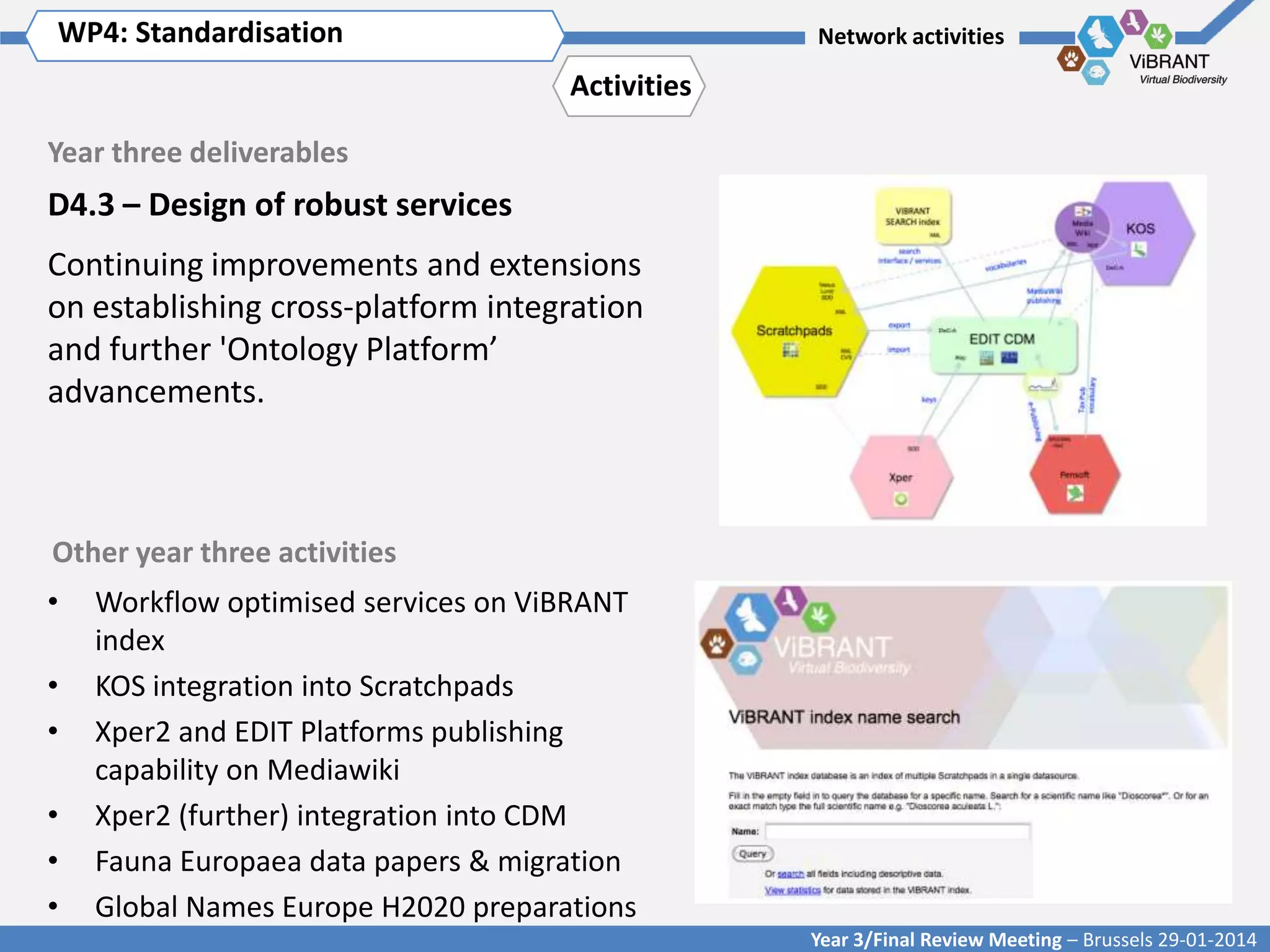 WP4: Standardisation Title of WP
Click to enter WP[x]:

Network activities

Activities
Year three deliverables

D4.3 – Design of robust services
Continuing improvements and extensions
on establishing cross-platform integration
and further 'Ontology Platform’
advancements.

Other year three activities
•
•
•
•
•
•

Workflow optimised services on ViBRANT
index
KOS integration into Scratchpads
Xper2 and EDIT Platforms publishing
capability on Mediawiki
Xper2 (further) integration into CDM
Fauna Europaea data papers & migration
Global Names Europe H2020 preparations
Year 3/Final Review Meeting – Brussels 29-01-2014

 