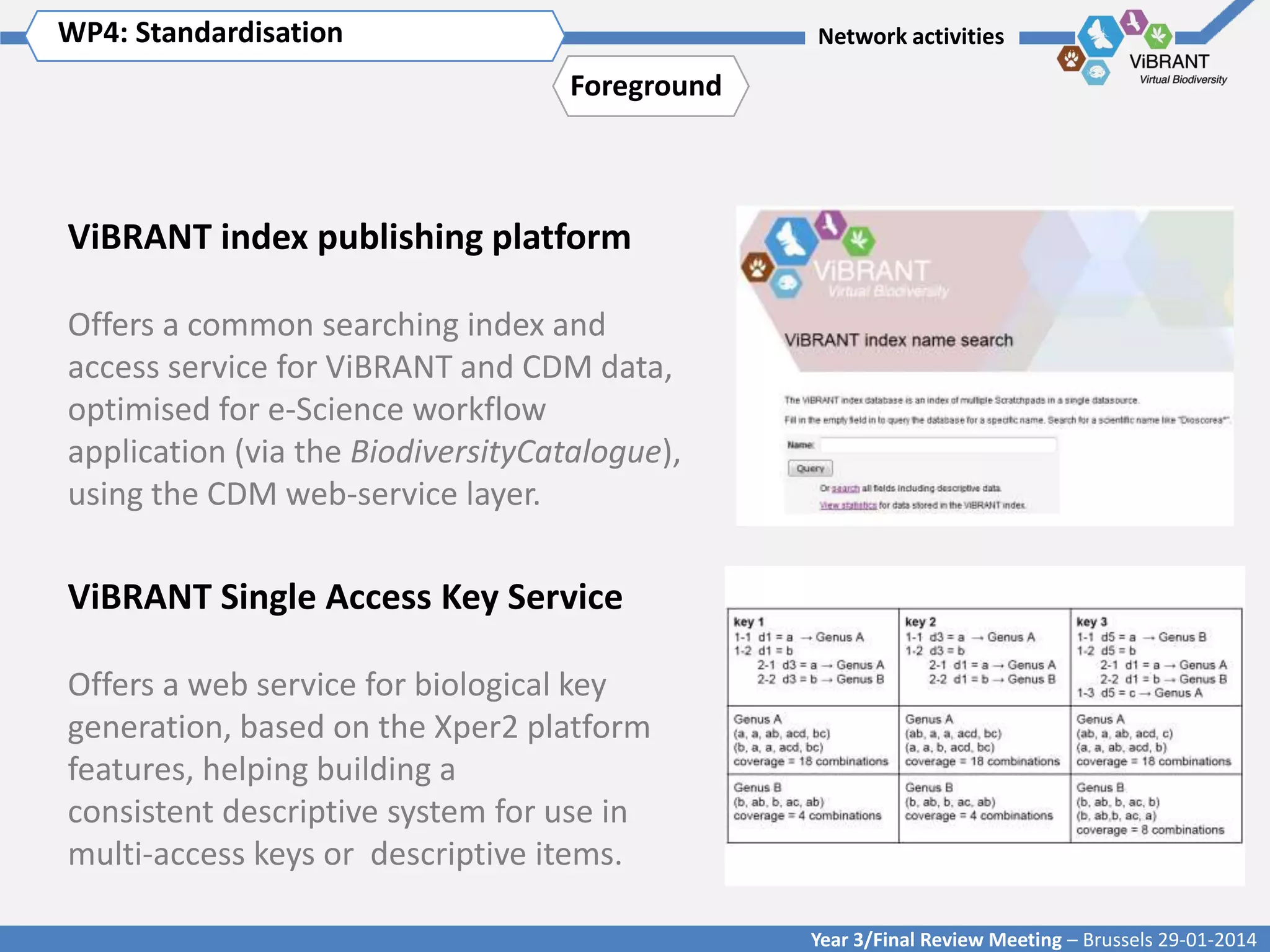 WP4: Standardisation Title of WP
Click to enter WP[x]:

Network activities

Foreground

ViBRANT index publishing platform
Offers a common searching index and
access service for ViBRANT and CDM data,
optimised for e-Science workflow
application (via the BiodiversityCatalogue),
using the CDM web-service layer.

ViBRANT Single Access Key Service
Offers a web service for biological key
generation, based on the Xper2 platform
features, helping building a
consistent descriptive system for use in
multi-access keys or descriptive items.
Year 3/Final Review Meeting – Brussels 29-01-2014

 