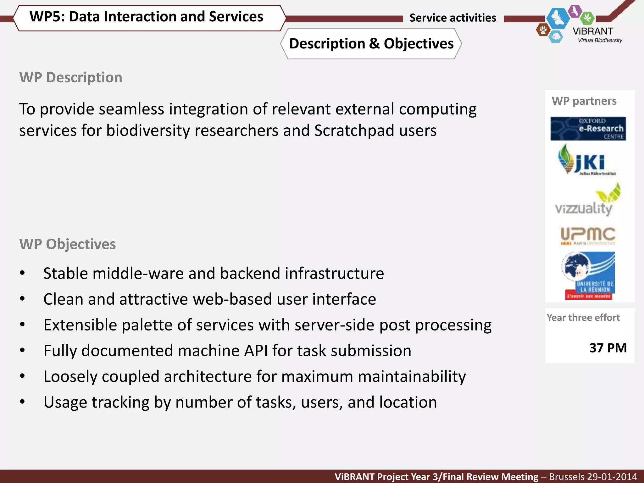 WP5: Data Interaction and Services

Service activities

Description & Objectives
WP Description

To provide seamless integration of relevant external computing
services for biodiversity researchers and Scratchpad users

WP partners

WP Objectives

•
•
•
•
•
•

Stable middle-ware and backend infrastructure
Clean and attractive web-based user interface
Extensible palette of services with server-side post processing
Fully documented machine API for task submission
Loosely coupled architecture for maximum maintainability
Usage tracking by number of tasks, users, and location

Year three effort

37 PM

ViBRANT Project Year 3/Final Review Meeting – Brussels 29-01-2014

 