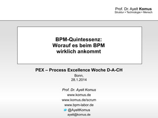 www.komus.de
Struktur  Technologie  Mensch
Prof. Dr. Ayelt Komus
BPM-Quintessenz:
Worauf es beim BPM
wirklich ankommt
PEX – Process Excellence Woche D-A-CH
Bonn,
28.1.2014
Prof. Dr. Ayelt Komus
www.komus.de
www.komus.de/scrum
www.bpm-labor.de
@AyeltKomus
ayelt@komus.de
 