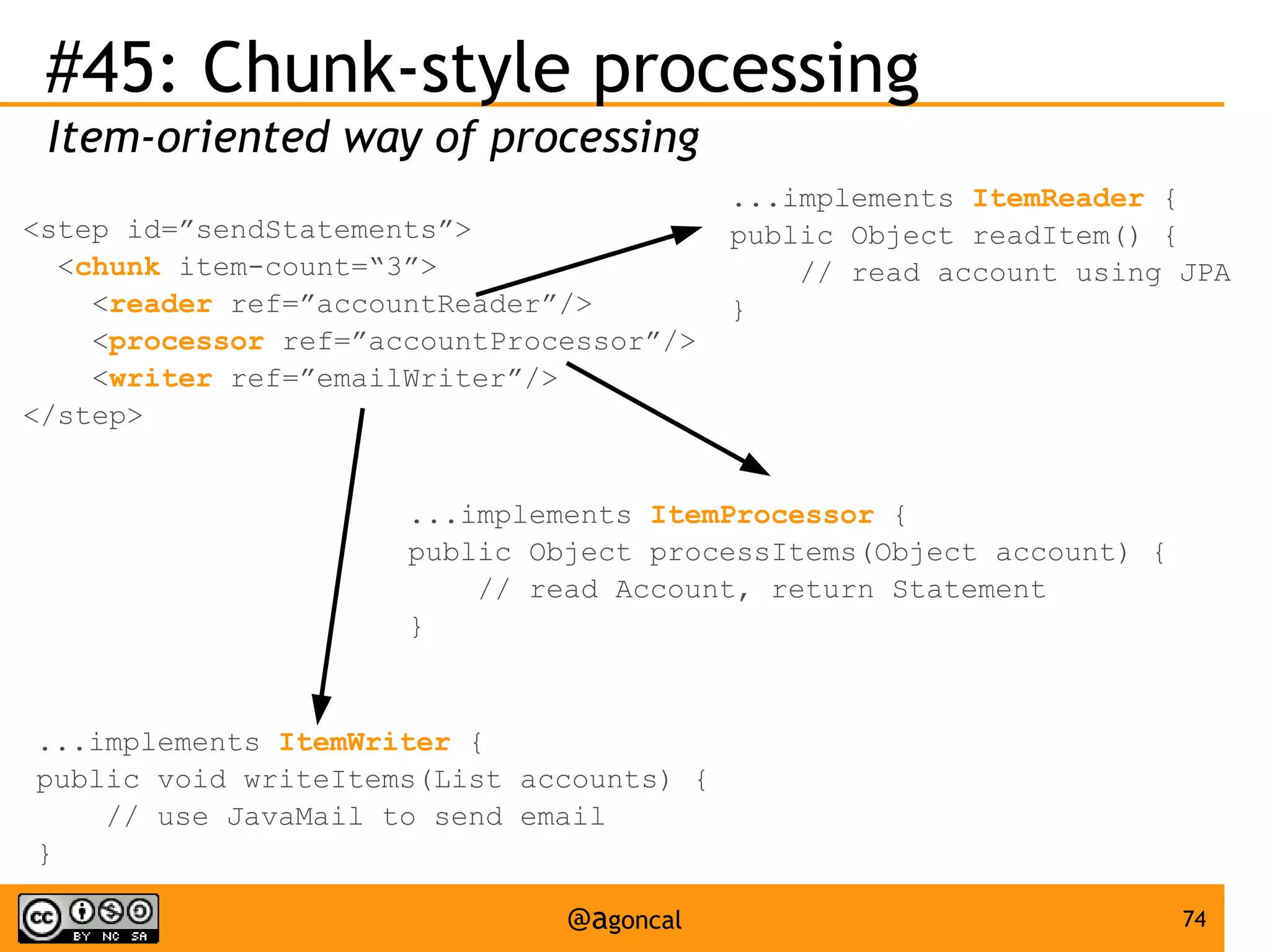 #45: Chunk-style processing
Item-oriented way of processing
<step id=”sendStatements”>
<chunk item-count=“3”>
<reader ref=”accountReader”/>
<processor ref=”accountProcessor”/>
<writer ref=”emailWriter”/>
</step>

...implements ItemReader {
public Object readItem() {
// read account using JPA
}

...implements ItemProcessor {
public Object processItems(Object account) {
// read Account, return Statement
}

...implements ItemWriter {
public void writeItems(List accounts) {
// use JavaMail to send email
}

@agoncal

74

 