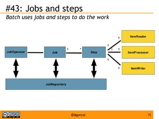 #43: Jobs and steps
Batch uses jobs and steps to do the work

@agoncal

72

 