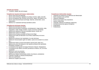 Activités secondaires
 Transférer, adapter des technologies
Compétences requises (techniques, relationnelles)
 Bonne culture des arts appliqués
 Bonne culture technique, législative et juridique (normes, règles, sécurité)
 Bonne connaissance des marchés (concurrence, réseau, fournisseurs, etc.)
 Bonne culture des techniques (archivage, réserves, conservation, usure,
restauration)
 Maîtrise d’un vocabulaire technique sensible et précis
Compétences techniques requises
 Maîtrise des techniques du dessin
 Maîtrise des techniques d’impression, ennoblissement, image (photo, vidéo,
infographie), maille, tissage, broderie, volume, et de leurs contraintes
 Maîtrise des matériaux et de leurs propriétés (texture, dureté, etc.)
 Maîtrise des couleurs et matières
 Maîtrise des principaux procédés de filature et de filage
 Maîtrise des modes de fabrication et de finition (traitements) et de leurs
contraintes
 Maîtrise de la lecture et de l’exploitation d’un plan technique
 Maîtrise de l’écoconception (gain de matière, cycle de vie complet d’un produit,
etc.)
 Maîtrise des mises au raccord des dessins (raccord droit, sauté, etc.)
 Maîtrise des outils informatiques et des logiciels professionnels spécialisés
(Photoshop, Illustrator, etc.)
 Connaissance des logiciels de tissage (Pointcarré, Mautom, Nedgraphics)
 Connaissance des métiers connexes (architecture d’intérieur, etc.) et de leur
vocabulaire
 Maîtrise du cycle de production
 Capacité à trouver des solutions
 Maîtrise des relations transversales (clients, fournisseurs, prestataires)
 Capacité à travailler en équipe pluridisciplinaire
 Sens de la planification
 Maîtrise de l’anglais (oral et écrit)

Référentiel des métiers du design – DGCIS/INTERFACE

Compétences relationnelles requises
 Capacité à se positionner et à défendre ses idées/projets
 Esprit d’analyse et de synthèse
 Capacité d’adaptation
 Prise de recul quant à ses propositions
 Aisance relationnelle
 Capacités créatrices et artistiques supérieures
 Curiosité (écoute des signaux émergents)
 Pragmatisme
 Persévérance

106

 