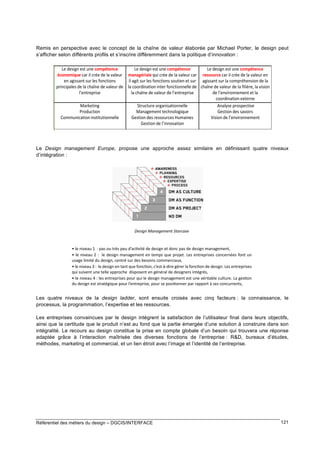 Remis en perspective avec le concept de la chaîne de valeur élaborée par Michael Porter, le design peut
s’afficher selon différents profils et s’inscrire différemment dans la politique d’innovation :

Le Design management Europe, propose une approche assez similaire en définissant quatre niveaux
d’intégration :

Les quatre niveaux de la design ladder, sont ensuite croisés avec cinq facteurs : la connaissance, le
processus, la programmation, l’expertise et les ressources.
Les entreprises convaincues par le design intègrent la satisfaction de l’utilisateur final dans leurs objectifs,
ainsi que la certitude que le produit n’est au fond que la partie émergée d’une solution à construire dans son
intégralité. Le recours au design constitue la prise en compte globale d’un besoin qui trouvera une réponse
adaptée grâce à l’interaction maîtrisée des diverses fonctions de l’entreprise : R&D, bureaux d’études,
méthodes, marketing et commercial, et un lien étroit avec l’image et l’identité de l’entreprise.

Référentiel des métiers du design – DGCIS/INTERFACE

121

 