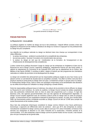 Les grands domaines du design en Europe

FOCUS PAR PAYS
Le Royaume-Uni : revue globale
La politique anglaise en matière de design est tout à fait ambitieuse : l’objectif affiché consiste à faire des
dirigeants du Royaume-Uni les meilleurs utilisateurs de design du monde en s’appuyant sur les professionnels
du design les plus compétents.
Les objectifs de la politique nationale du design se déclinent dans trois champs qui correspondent à trois
cibles différentes :
• le secteur économique : améliorer la productivité et la compétitivité des entreprises,
• les services publics : favoriser l’innovation et la transformation des services,
• le secteur du design en tant que tel : l’amélioration de la formation, de l’enseignement et des
infrastructures de développement des compétences.
L’acteur central de la politique favorisant l’usage du design par les entreprises en Angleterre et dans tout le
Royaume-Uni est le Design Council, organisme stratégique, intégralement financé par des fonds publics. Il
dépend du département du Commerce et de l’Industrie (DTI) ainsi que du département de la Culture, des
Médias et des Sports (DCMS). Il contribue à définir, relayer et traduire par des programmes les orientations
nationales en matière de promotion et de développement du design.
Le design est considéré très sérieusement par les responsables politiques anglais du plus haut niveau qui le
placent comme un outil décisif de réussite dans la compétition mondiale. Tony Blair lui-même s’est ainsi fait à
plusieurs reprises le porte-parole du design dans son pays. Le Parlement compte un groupe autour du design,
le Parliamentary Design Group. Celui-ci mène une campagne d’information et de sensibilisation des décideurs
sur les effets économiques de l’utilisation du design (Designing a Greater Britain).
Outre les responsables politiques locaux et nationaux, les acteurs de la promotion et de la diffusion du design
au Royaume-Uni sont nombreux. Au centre du système, le Design Council compte de solides coopérations
avec des partenaires institutionnels dans la mise en place des programmes qu’il a conçus. Il s’agit des
Business Links, des agences gouvernementales ainsi que des agences de développement régionales. Le
Design Council coopère également avec de nombreux acteurs privés du design dans le cadre de plusieurs
projets ; ce foisonnement et ces coopérations traduisent la dynamique du secteur. Au total, pour l’année 20052006, les financements publics ministériels accordés au Design Council ont été de 7,6 M£ sans compter les
autres financements et les recettes privées.
Deux tiers des entreprises britanniques considèrent le design comme inhérent à leur future performance
économique. L’approche est différenciée selon les secteurs : alors que 25 % des entreprises du secteur
manufacturier considèrent le design comme crucial, elles ne sont que 16 % dans l’immobilier, la finance et les
services aux entreprises et descend à 5 % dans l’industrie de la construction, l’industrie primaire et la
communication. 16 % des entreprises voient le design comme le premier facteur de leur succès, c’est d’autant
plus vrai que l’entreprise est de grande taille.

Référentiel des métiers du design – DGCIS/INTERFACE

129

 