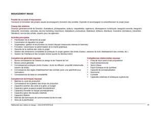 MANAGEMENT IMAGE
Finalité de ce mode d’intervention
Concevoir et formaliser des projets visuels accompagnant l’évolution des sociétés. Expliciter et accompagner la compréhension du projet visuel
Champ des relations
Direction générale/comité de Direction, illustrateurs, photographes, auteurs, maquettistes, ingénieurs, développeurs numériques, designers sonores, designers
interactifs, chromistes, coloristes, service marketing, imprimeurs, réalisateurs, producteurs, rédacteurs, éditeurs, relecteurs, musiciens, animateurs, industriels
Décideurs, service des achats, experts (pour les agences)
Activités principales
 Planification de la démarche de projet
 Coordination et régulation du projet
 Organisation, gestion et structuration du travail d’équipe (ressources internes et externes)
 Formation, transmission et pérennisation de la charte graphique
 Garantie de la maîtrise des coûts du projet
 Gestion des dimensions comptables et juridiques du projet (gestion des droits d’auteur, cessions de droit, établissement des contrats, etc.)
 Gestion de l’interface et des comptes rendus auprès du décideur/client
Compétences générales requises
 Bonne connaissance de l’histoire du design et de l’histoire de l’art
 Bonne culture générale
 Connaissances juridiques (droits d’auteur, droits de diffusion, propriété intellectuelle,
cession de droits)
 Connaissance des règles d’établissement des contrats (avec une spécificité pour
l’animation)
 Connaissances de base en comptabilité
Compétences techniques requises
 Maîtrise du cycle de production
 Connaissance de la gestion des temps de production
 Capacité à estimer des coûts et à gérer un budget
 Capacité à gérer plusieurs projets simultanément
 Capacité à travailler en équipe pluridisciplinaire
 Capacité à gérer des équipes créatives
 Capacité à fédérer
 Maîtrise des techniques de communication écrite et orale
 Sens de la planification
Référentiel des métiers du design – DGCIS/INTERFACE

Compétences relationnelles requises
 Prise de recul quant à ses propositions
 Esprit entrepreneurial
 Sens critique
 Esprit d’analyse et de synthèse
 Capacité de conceptualisation
 Autonomie
 Curiosité
 Capacités créatrices et artistiques supérieures

32

 
