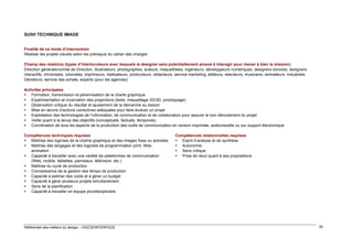 SUIVI TECHNIQUE IMAGE
Finalité de ce mode d’intervention
Réaliser les projets visuels selon les prérequis du cahier des charges
Champ des relations (types d’interlocuteurs avec lesquels le designer sera potentiellement amené à interagir pour mener à bien la mission)
Direction générale/comité de Direction, illustrateurs, photographes, auteurs, maquettistes, ingénieurs, développeurs numériques, designers sonores, designers
interactifs, chromistes, coloristes, imprimeurs, réalisateurs, producteurs, rédacteurs, service marketing, éditeurs, relecteurs, musiciens, animateurs, industriels
Décideurs, service des achats, experts (pour les agences)
Activités principales
 Formation, transmission et pérennisation de la charte graphique
 Expérimentation et incarnation des projections (tests, maquettage 2D/3D, prototypage)
 Observation critique du résultat et ajustement de la démarche au besoin
 Mise en œuvre d’actions correctives adéquates pour faire évoluer un projet
 Exploitation des technologies de l’information, de communication et de collaboration pour assurer le bon déroulement du projet
 Veille quant à la tenue des objectifs (conceptuels, factuels, temporels)
 Coordination de tous les aspects de la production des outils de communication en version imprimée, audiovisuelle ou sur support électronique
Compétences techniques requises
 Maîtrise des logiciels de la chaîne graphique et des images fixes ou animées
 Maîtrise des langages et des logiciels de programmation print, Web,
animation
 Capacité à travailler avec une variété de plateformes de communication
(Web, mobile, tablettes, panneaux, télévision, etc.)
 Maîtrise du cycle de production
 Connaissance de la gestion des temps de production
 Capacité à estimer des coûts et à gérer un budget
 Capacité à gérer plusieurs projets simultanément
 Sens de la planification
 Capacité à travailler en équipe pluridisciplinaire

Référentiel des métiers du design – DGCIS/INTERFACE

Compétences relationnelles requises
 Esprit d’analyse et de synthèse
 Autonomie
 Sens critique
 Prise de recul quant à ses propositions

35

 