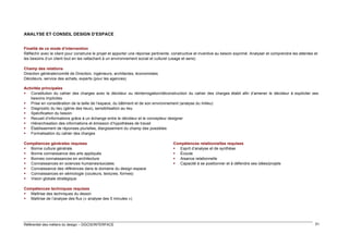 ANALYSE ET CONSEIL DESIGN D’ESPACE
Finalité de ce mode d’intervention
Réfléchir avec le client pour construire le projet et apporter une réponse pertinente, constructive et inventive au besoin exprimé. Analyser et comprendre les attentes et
les besoins d’un client tout en les rattachant à un environnement social et culturel (usage et sens)
Champ des relations
Direction générale/comité de Direction, ingénieurs, architectes, économistes
Décideurs, service des achats, experts (pour les agences)
Activités principales
 Constitution du cahier des charges avec le décideur ou réinterrogation/déconstruction du cahier des charges établi afin d’amener le décideur à expliciter ses
besoins implicites
 Prise en considération de la taille de l’espace, du bâtiment et de son environnement (analyse du milieu)
 Diagnostic du lieu (génie des lieux), sensibilisation au lieu
 Spécification du besoin
 Recueil d’informations grâce à un échange entre le décideur et le concepteur designer
 Hiérarchisation des informations et émission d’hypothèses de travail
 Établissement de réponses plurielles, élargissement du champ des possibles
 Formalisation du cahier des charges
Compétences générales requises
 Bonne culture générale
 Bonne connaissance des arts appliqués
 Bonnes connaissances en architecture
 Connaissances en sciences humaines/sociales
 Connaissance des références dans le domaine du design espace
 Connaissances en sémiologie (couleurs, textures, formes)
 Vision globale stratégique

Compétences relationnelles requises
 Esprit d’analyse et de synthèse
 Écoute
 Aisance relationnelle
 Capacité à se positionner et à défendre ses idées/projets

Compétences techniques requises
 Maîtrise des techniques du dessin
 Maîtrise de l’analyse des flux (« analyse des 5 minutes »)

Référentiel des métiers du design – DGCIS/INTERFACE

51

 