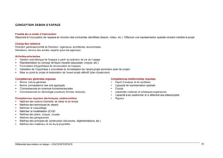 CONCEPTION DESIGN D’ESPACE
Finalité de ce mode d’intervention
Répondre à l’occupation de l’espace en fonction des contraintes identifiées (besoin, milieu, etc.). Effectuer une représentation spatiale rendant crédible le projet
Champ des relations
Direction générale/comité de Direction, ingénieurs, architectes, économistes
Décideurs, service des achats, experts (pour les agences)
Activités principales
 Gestion volumétrique de l’espace à partir du scénario de vie de l’usager
 Représentation du concept de façon visuelle (esquisses, croquis, etc.)
 Formulation d’hypothèses de structuration de l’espace
 Validation de l’hypothèse à concrétiser et formalisation de l’avant-projet sommaire (plan de projet)
 Mise au point du projet et élaboration de l’avant-projet définitif (plan d’exécution)
Compétences générales requises
 Bonne culture générale
 Bonne connaissance des arts appliqués
 Connaissances en sciences humaines/sociales
 Connaissances en sémiologie (couleurs, formes, textures)
Compétences requises (techniques, relationnelles)
 Maîtrise des notions d’échelle, de détail et de temps
 Maîtrise des techniques du dessin
 Maîtriser le maquettage
 Maîtriser la modélisation 2D/3D
 Maîtrise des plans, croquis, coupes
 Maîtrise des perspectives
 Maîtrise des principes de construction (structures, réglementations, etc.)
 Maîtrise des matériaux et de leurs propriétés

Référentiel des métiers du design – DGCIS/INTERFACE

Compétences relationnelles requises
 Esprit d’analyse et de synthèse
 Capacité de représentation spatiale
 Écoute
 Capacités créatives et artistiques supérieures
 Capacité à se positionner et à défendre ses idées/projets
 Rigueur

53

 