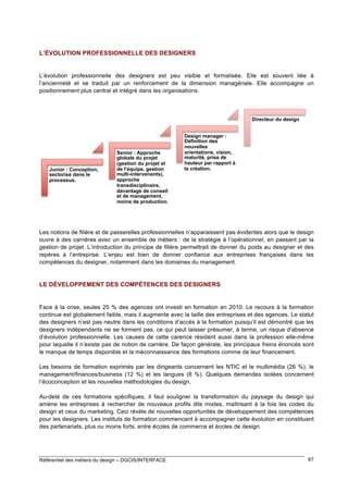 L’ÉVOLUTION PROFESSIONNELLE DES DESIGNERS

L’évolution professionnelle des designers est peu visible et formalisée. Elle est souvent liée à
l’ancienneté et se traduit par un renforcement de la dimension managériale. Elle accompagne un
positionnement plus central et intégré dans les organisations.

Directeur du design

Junior : Conception,
sectorisé dans le
processus.

Senior : Approche
globale du projet
(gestion du projet et
de l’équipe, gestion
multi-intervenants),
approche
transdisciplinaire,
davantage de conseil
et de management,
moins de production.

Design manager :
Définition des
nouvelles
orientations, vision,
maturité, prise de
hauteur par rapport à
la création.

Les notions de filière et de passerelles professionnelles n’apparaissent pas évidentes alors que le design
ouvre à des carrières avec un ensemble de métiers : de la stratégie à l’opérationnel, en passant par la
gestion de projet. L’introduction du principe de filière permettrait de donner du poids au designer et des
repères à l’entreprise. L’enjeu est bien de donner confiance aux entreprises françaises dans les
compétences du designer, notamment dans les domaines du management.

LE DÉVELOPPEMENT DES COMPÉTENCES DES DESIGNERS

Face à la crise, seules 25 % des agences ont investi en formation en 2010. Le recours à la formation
continue est globalement faible, mais il augmente avec la taille des entreprises et des agences. Le statut
des designers n’est pas neutre dans les conditions d’accès à la formation puisqu’il est démontré que les
designers indépendants ne se forment pas, ce qui peut laisser présumer, à terme, un risque d’absence
d’évolution professionnelle. Les causes de cette carence résident aussi dans la profession elle-même
pour laquelle il n’existe pas de notion de carrière. De façon générale, les principaux freins énoncés sont
le manque de temps disponible et la méconnaissance des formations comme de leur financement.
Les besoins de formation exprimés par les dirigeants concernent les NTIC et le multimédia (26 %), le
management/finances/business (12 %) et les langues (8 %). Quelques demandes isolées concernent
l’écoconception et les nouvelles méthodologies du design.
Au-delà de ces formations spécifiques, il faut souligner la transformation du paysage du design qui
amène les entreprises à rechercher de nouveaux profils dits mixtes, maîtrisant à la fois les codes du
design et ceux du marketing. Ceci révèle de nouvelles opportunités de développement des compétences
pour les designers. Les instituts de formation commencent à accompagner cette évolution en constituant
des partenariats, plus ou moins forts, entre écoles de commerce et écoles de design.

Référentiel des métiers du design – DGCIS/INTERFACE

67

 