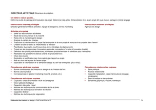 DIRECTEUR ARTISTIQUE Directeur de création
Un métier à valeur ajoutée…
Définir les outils de cadrage et d’évaluation de projet. Déterminer des grilles d’interprétation d’un avant-projet afin que chacun partage le même langage
Interlocuteurs internes privilégiés
Direction générale/comité de Direction, équipe de designers, service marketing

Interlocuteurs externes privilégiés
Agences de design

Activités principales
 Veille sur les évolutions sociétales
 Étude de la concurrence et du marché
 Relai entre le marketing et le design
 Analyse du cahier des charges
 Traduction ou réorientation du projet de l’entreprise et de son projet de marque et les projeter dans l’avenir
 Création d’outils d’aide à la créativité et à la décision
 Planification du projet à court/moyen/long terme (stratégie de déploiement)
 Travail sur des programmes d’innovation appliquée (conception d’un plan d’innovation illustré)
 Définition des profils produits/services, promesses produits/services et bénéfices pour l’entreprise
 Réalisation de guides/livres blancs (charte de produit/service)
 Choix des visuels
 Explication et justification des choix opérés par rapport au projet
 Aide au choix de la piste de l’avant-projet
 Explication et valorisation de la démarche design au sein de l’entreprise (plus-value)
Compétences générales requises
 Bonne connaissance de l’histoire du design et de l’histoire de l’art
 Bonne culture produit
 Connaissances en gestion marketing (marché, produits, etc.)
Compétences techniques requises
 Capacité à saisir et formaliser l’ADN de l’entreprise
 Vision globale stratégique
 Capacité à décrypter l’objet
 Maîtrise des techniques de communication écrite et orale
 Maîtrise des techniques d’animation de réunion
 Capacité à fédérer
 Maîtrise des techniques de négociation

Référentiel des métiers du design – DGCIS/INTERFACE

Compétences relationnelles requises
 Sens politique
 Aisance relationnelle
 Capacité d’adaptation à ses interlocuteurs (langage,
vocabulaire)
 Esprit d’analyse et de synthèse
 Sensibilité graphique, visuelle, esthétique

74

 