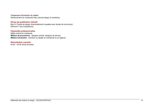 Tendances d’évolution du métier
Renforcement du croisement des cultures design et marketing
Niveau de qualification indicatif
Bac+5. Écoles de design (éventuellement couplées avec écoles de commerce)
Minimum 7 ans d’expérience
Passerelles professionnelles
Métier exercé en entreprise
Métiers de provenance : designer produit, designer de service
Métiers d’évolution : directeur du design en entreprise ou en agence
Rémunération courante
60 k€ – 90 k€ (bruts annuels)

Référentiel des métiers du design – DGCIS/INTERFACE

75

 