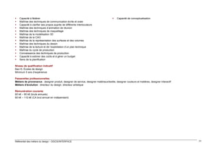 














Capacité à fédérer
Maîtrise des techniques de communication écrite et orale
Capacité à clarifier ses propos auprès de différents interlocuteurs
Maîtrise des techniques d’animation de réunion
Maîtrise des techniques de maquettage
Maîtrise de la modélisation 3D
Maîtrise de la CAO
Maîtrise de la représentation des surfaces et des volumes
Maîtrise des techniques du dessin
Maîtrise de la lecture et de l’exploitation d’un plan technique
Maîtrise du cycle de production
Connaissance des techniques de production
Capacité à estimer des coûts et à gérer un budget
Sens de la planification



Capacité de conceptualisation

Niveau de qualification indicatif
Bac+5. Écoles de design
Minimum 5 ans d’expérience
Passerelles professionnelles
Métiers de provenance : designer produit, designer de service, designer matériaux/textile, designer couleurs et matières, designer interactif
Métiers d’évolution : directeur du design, directeur artistique
Rémunération courante
60 k€ – 90 k€ (bruts annuels)
60 k€ – 110 k€ (CA brut annuel en indépendant)

Référentiel des métiers du design – DGCIS/INTERFACE

77

 