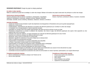 DESIGNER GRAPHIQUE Chargé de projet en design graphique
Un métier à valeur ajoutée…
Mettre en cohérence le projet avec la stratégie, le cahier des charges. Réaliser et formaliser des projets visuels selon les prérequis du cahier des charges
Interlocuteurs internes privilégiés
Direction générale/comité de Direction, illustrateurs, photographes, maquettistes,
ingénieurs, développeurs numériques, designers sonores, designers interactifs,
chromistes, coloristes, service marketing, réalisateurs, rédacteurs, relecteurs, animateurs

Interlocuteurs externes privilégiés
Auteurs, imprimeurs, producteurs, éditeurs, musiciens, industriels

Activités principales
 Analyse de l’existant et documentation à partir des répertoires de photographies et d'illustrations ainsi que les guides typographiques
 Analyse de la concurrence
 Problématisation, rassemblement des éléments et conception des éléments graphiques pour constituer le cahier des charges
 Formalisation de la conceptualisation à l’aide de planches concepts
 Explicitation du concept et des choix opérés (argumentation des partis pris) afin de donner du sens au projet
 Représenter physiquement le concept en préparant des esquisses, des mises en page, des éléments graphiques des sujets à faire apparaître sur des
supports Web, print ou animation
 Évaluation des coûts des matériaux, du temps nécessaire pour exécuter les éléments graphiques et du taux horaire
 Garantie de la cohérence artistique des différents éléments du projet
 Recherche, mise au point et construction de l’avant-projet
 Réalisation régulière de restitutions et de points d’étape avec le décideur/client
 Prise en compte des amendements ponctuels
 Programmation et scénarisation d’un projet et présentation des maquettes
 Formation, transmission et pérennisation de la charte graphique
 Expérimentation et incarnation des projections (tests, maquettage 2D/3D, prototypage)
 Observation critique du résultat et ajustement de la démarche au besoin
 Mise en œuvre d’actions correctives adéquates pour faire évoluer un projet
 Exploitation des technologies de l’information, de communication et de collaboration pour assurer le bon déroulement du projet
 Veille quant à la tenue des objectifs (conceptuels, factuels, temporels)
 Coordination de tous les aspects de la production des outils de communication en version imprimée, audiovisuelle ou sur support électronique
Compétences générales requises
 Bonne connaissance de l’histoire du design et de l’histoire de l’art
 Bonne culture générale

Référentiel des métiers du design – DGCIS/INTERFACE

Compétences relationnelles requises
 Prise de recul quant à ses propositions
 Esprit entrepreneurial
 Sens critique
 Esprit d’analyse et de synthèse
 Capacité de conceptualisation
85

 