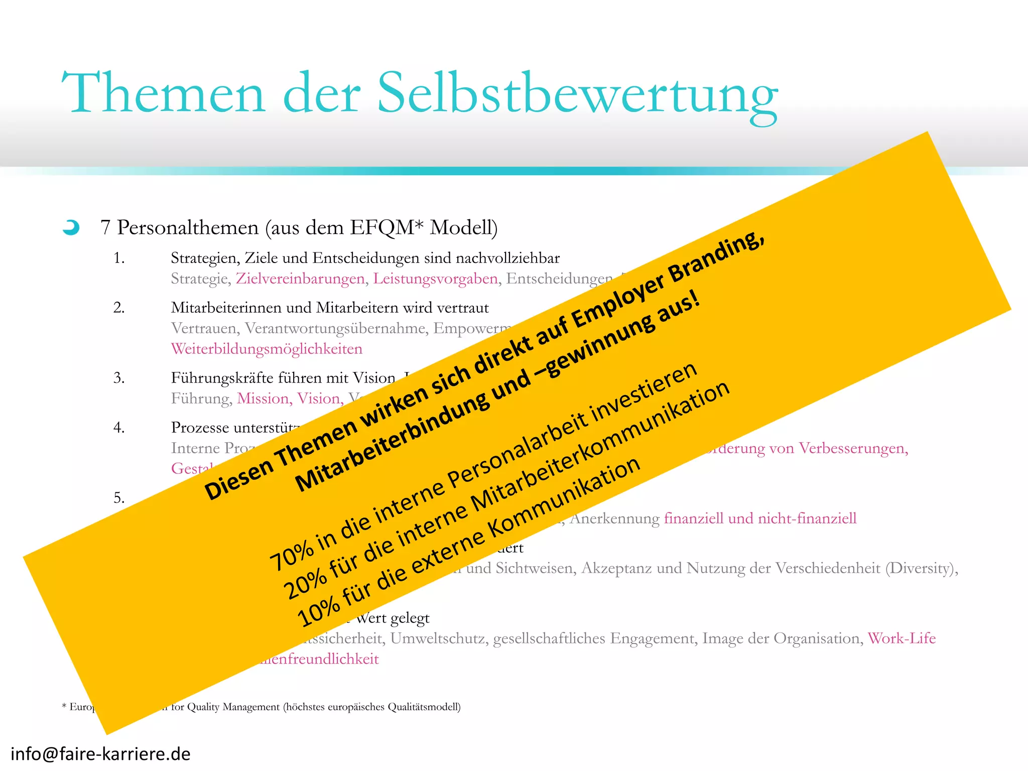 Themen der Selbstbewertung
7 Personalthemen (aus dem EFQM* Modell)
1.

Strategien, Ziele und Entscheidungen sind nachvollziehbar
Strategie, Zielvereinbarungen, Leistungsvorgaben, Entscheidungen, Transparenz

2.

Mitarbeiterinnen und Mitarbeitern wird vertraut
Vertrauen, Verantwortungsübernahme, Empowerment (Ermächtigung, Autorisierung), Entscheidungsfreiräume,
Weiterbildungsmöglichkeiten

3.

Führungskräfte führen mit Vision, Inspiration und Integrität
Führung, Mission, Vision, Vorbildfunktion, Führungsteam, Konsistenz der Leitungsebenen

4.

Prozesse unterstützen die Mitarbeiterinnen und Mitarbeiter
Interne Prozesse, Flexibilität, Zusammenarbeit in Teams und zwischen Teams, Förderung von Verbesserungen,
Gestaltungsspielräume

5.

Erfolgreiche Leistungen werden anerkannt
Mitarbeitergespräche, regelmäßiges gegenseitiges Feedback, Anerkennung finanziell und nicht-finanziell

6.

Innovation, Kreativität und Vielfalt werden gefördert
Innovationskultur, Förderung eigener Ideen und Sichtweisen, Akzeptanz und Nutzung der Verschiedenheit (Diversity),
Frauenanteil

7.

Es wird auf Nachhaltigkeit Wert gelegt
Arbeitsschutz, Arbeitssicherheit, Umweltschutz, gesellschaftliches Engagement, Image der Organisation, Work-Life
Balance, Familienfreundlichkeit

* European Foundation for Quality Management (höchstes europäisches Qualitätsmodell)

info@faire‐karriere.de

 