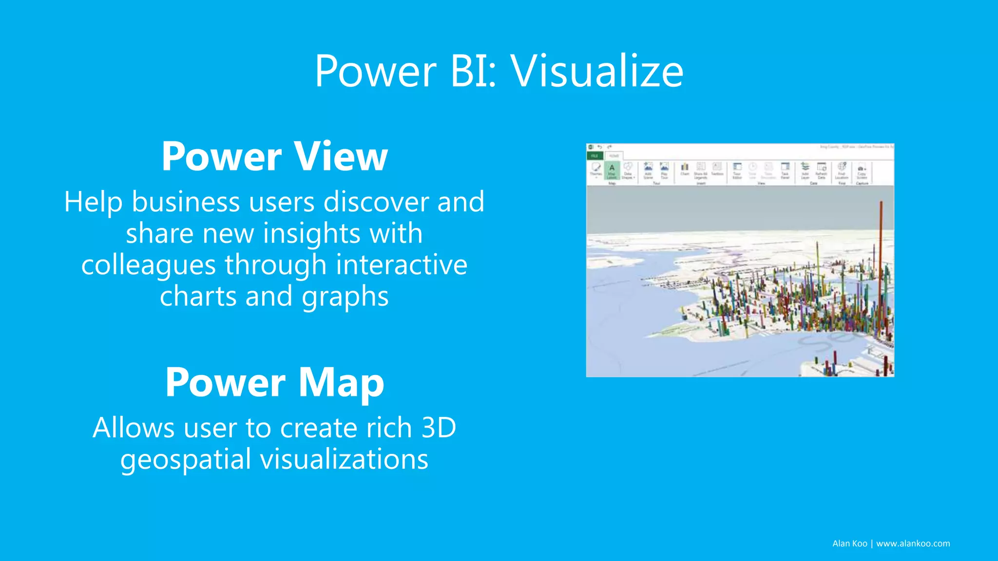 Power BI: Visualize
Power View
Help business users discover and
share new insights with
colleagues through interactive
charts and graphs

Power Map
Allows user to create rich 3D
geospatial visualizations
Alan Koo | www.alankoo.com

 