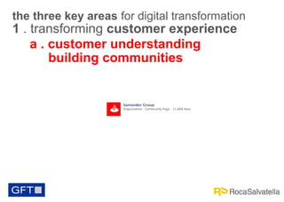 the three key areas for digital transformation

1 . transforming customer experience
a . customer understanding
building communities

 