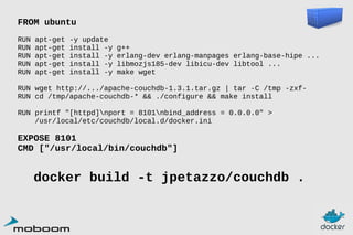 FROM ubuntu
RUN
RUN
RUN
RUN
RUN

apt-get
apt-get
apt-get
apt-get
apt-get

-y update
install -y
install -y
install -y
install -y

g++
erlang-dev erlang-manpages erlang-base-hipe ...
libmozjs185-dev libicu-dev libtool ...
make wget

RUN wget http://.../apache-couchdb-1.3.1.tar.gz | tar -C /tmp -zxfRUN cd /tmp/apache-couchdb-* && ./configure && make install
RUN printf "[httpd]nport = 8101nbind_address = 0.0.0.0" >
/usr/local/etc/couchdb/local.d/docker.ini

EXPOSE 8101
CMD ["/usr/local/bin/couchdb"]

docker build -t jpetazzo/couchdb .

 